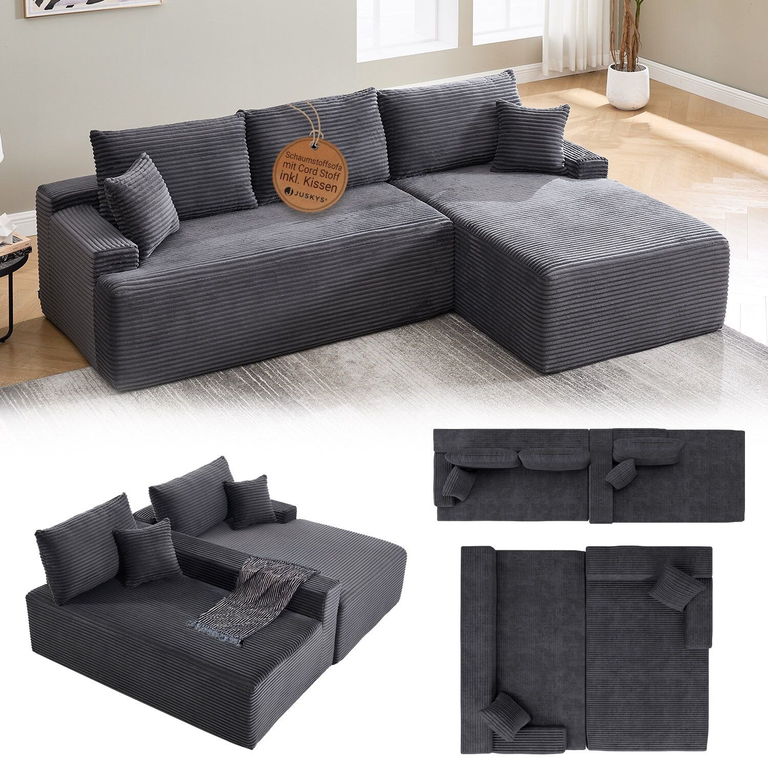 Juskys Sofa Coredo Rechts - Ecksofa 3 Sitzer, Couch in L Form mit Ottomane - Cord in Dunkelgrau