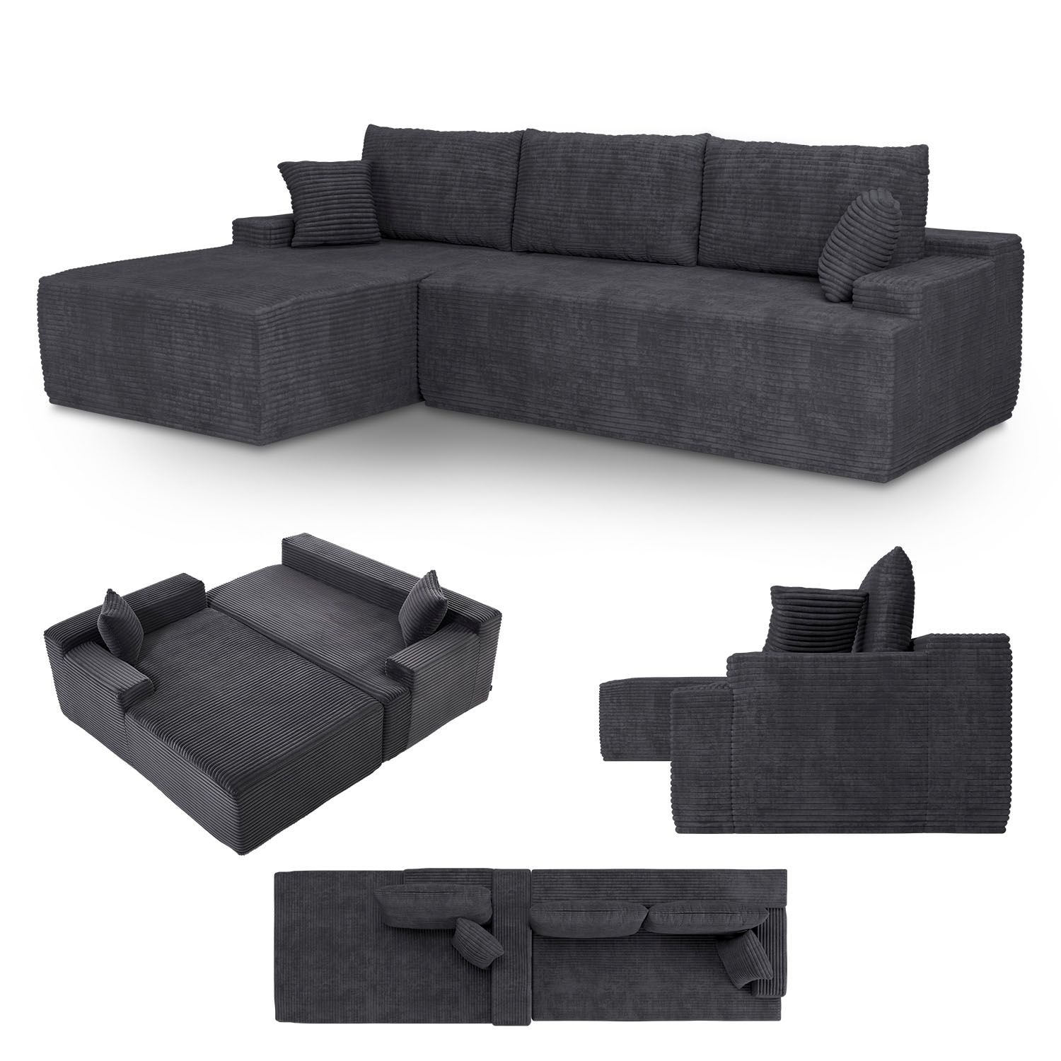 Juskys Sofa Coredo Links - Ecksofa 3 Sitzer, Couch in L Form mit Ottomane - Cord in Dunkelgrau - Bild 1
