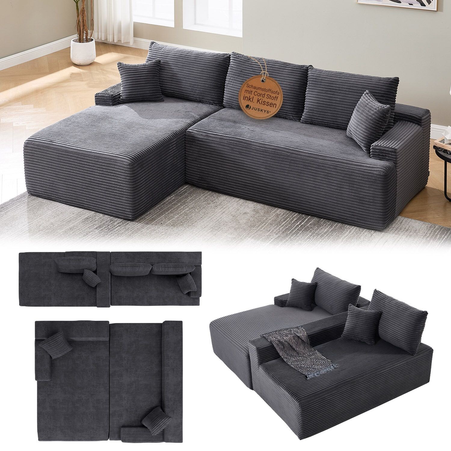 Juskys Sofa Coredo Links - Ecksofa 3 Sitzer, Couch in L Form mit Ottomane - Cord in Dunkelgrau
