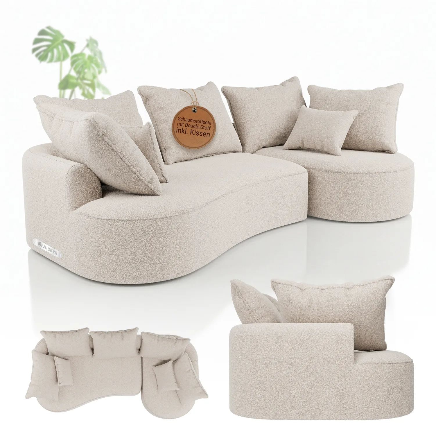 Juskys Sofa Tirano - Ecksofa L-Form, inkl. Kissen, 4-Sitzer Eckcouch, Boucl&eacute; Creme & Ottomane rechts - Bild 1