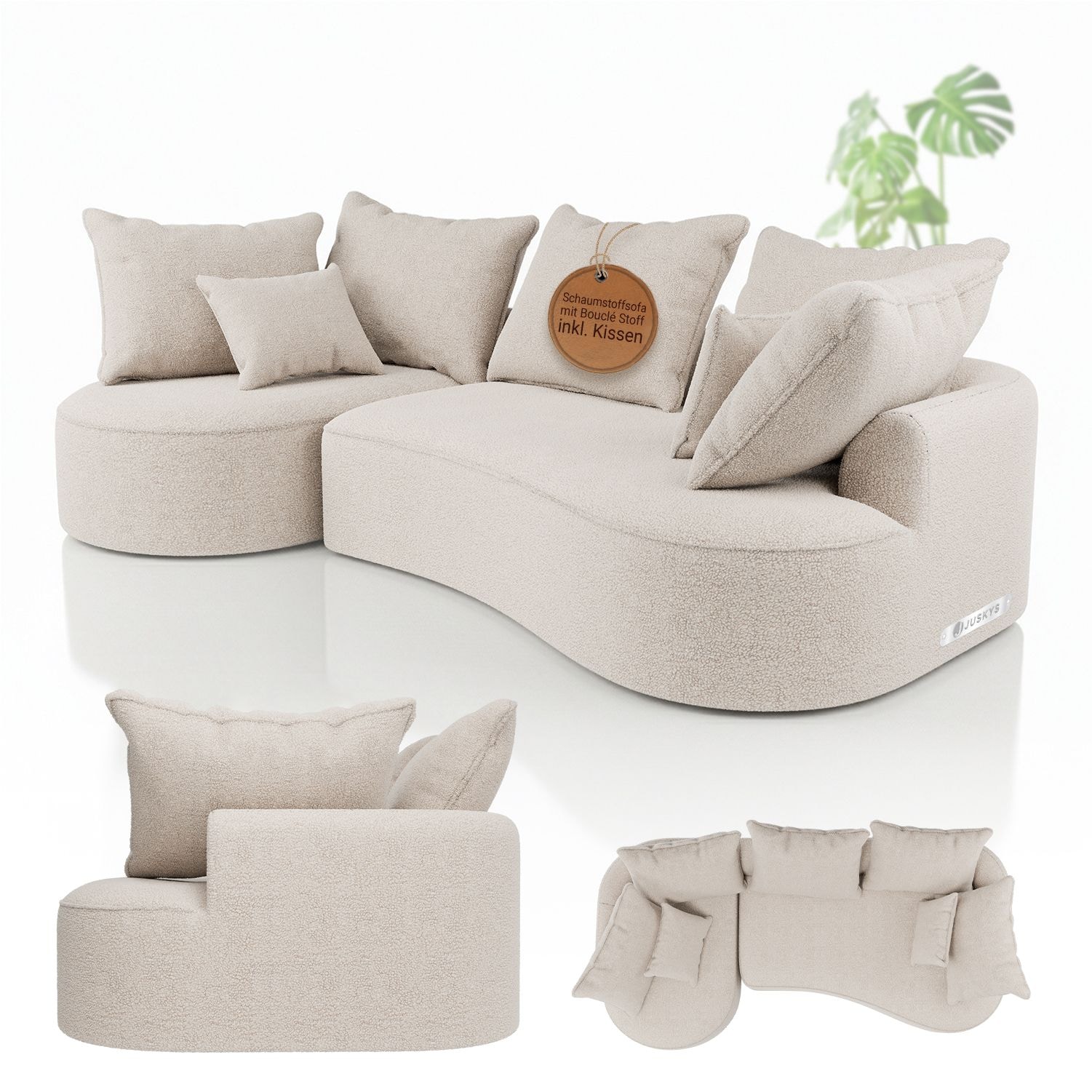 Juskys Sofa Tirano - Ecksofa L-Form, inkl. Kissen, 4-Sitzer Eckcouch, Boucl&eacute; Creme & Ottomane links - Bild 1