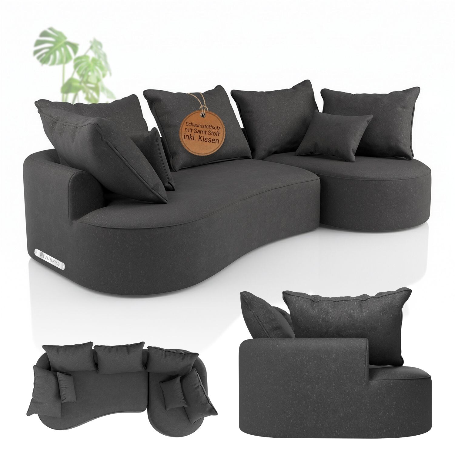 Juskys Sofa Tirano – Ecksofa L-Form, inkl. Kissen, 4-Sitzer Eckcouch, Samt Dunkelgrau & Ottomane rechts | 04262437186238