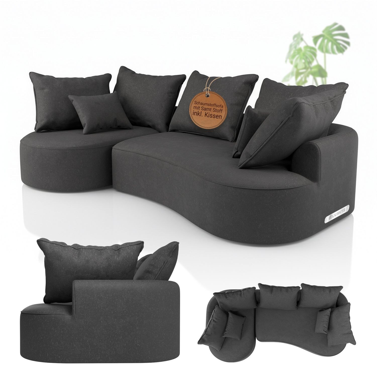 Juskys Sofa Tirano - Ecksofa L-Form, inkl. Kissen, 4-Sitzer Eckcouch, Samt Dunkelgrau & Ottomane links