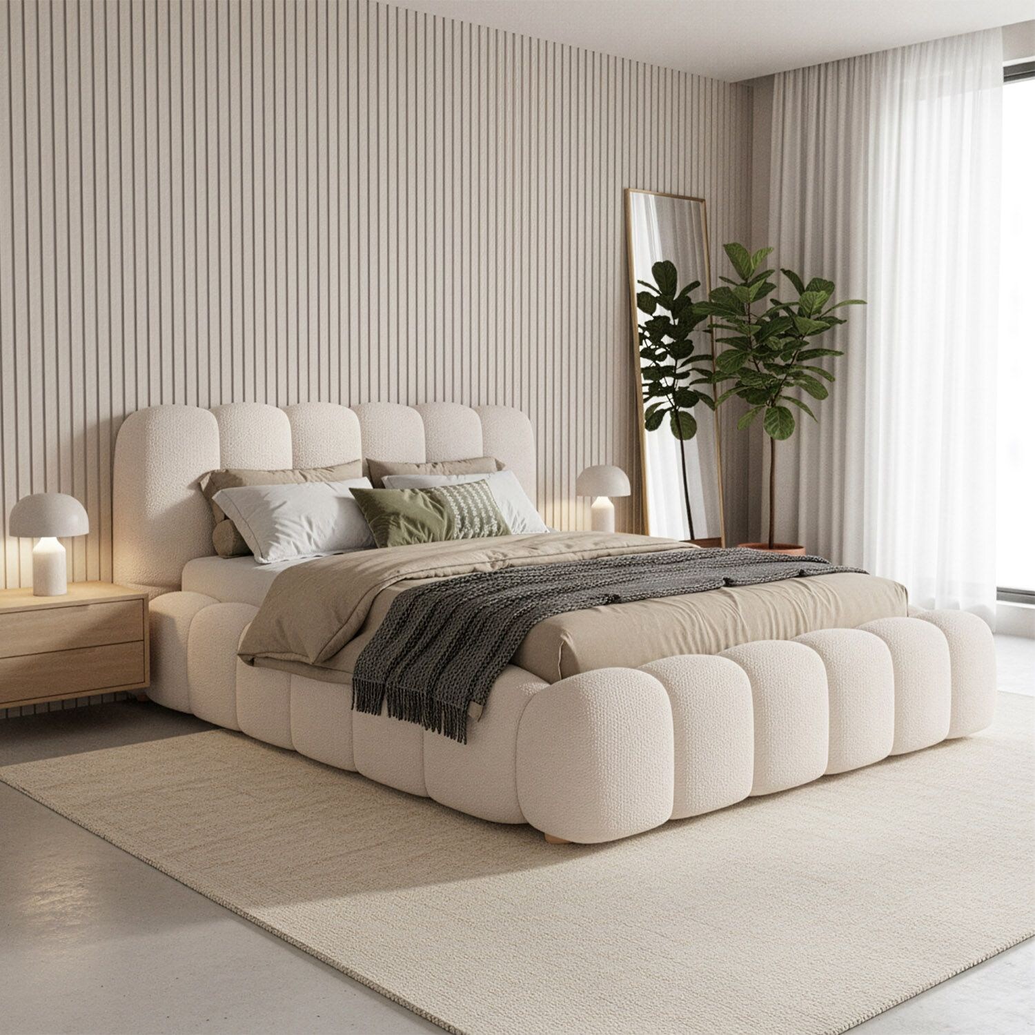 Juskys Polsterbett Catania - Bubble Design mit Bouclé & gepolstert - 140 x 200 cm - Creme