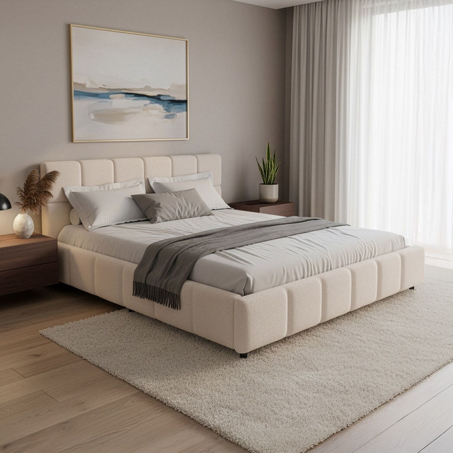 Juskys Polsterbett Florenz - Bubble Design, gepolstertes Kopfteil, Bouclé - 180 x 200 cm - Creme