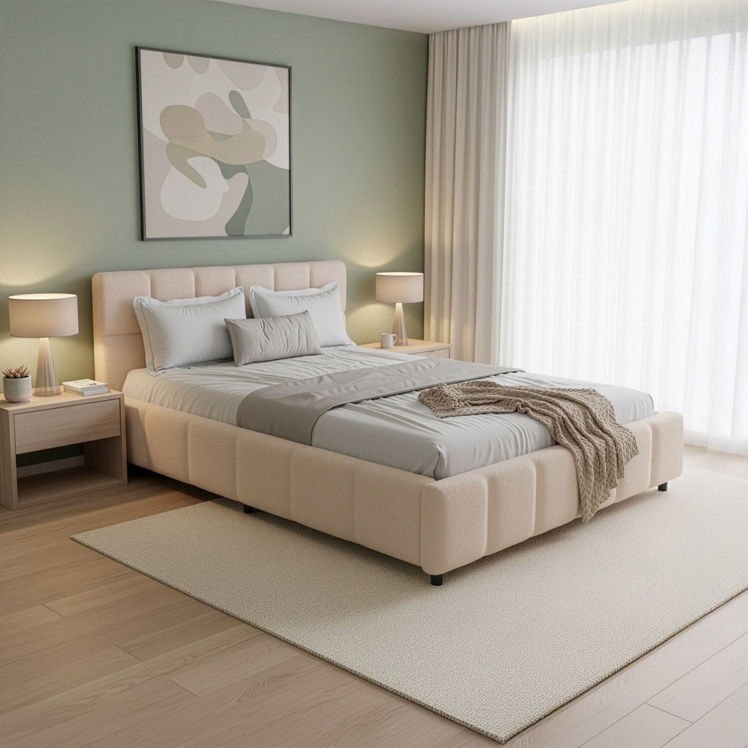 Juskys Polsterbett Florenz - Bubble Design, gepolstertes Kopfteil, Bouclé - 140 x 200 cm - Beige
