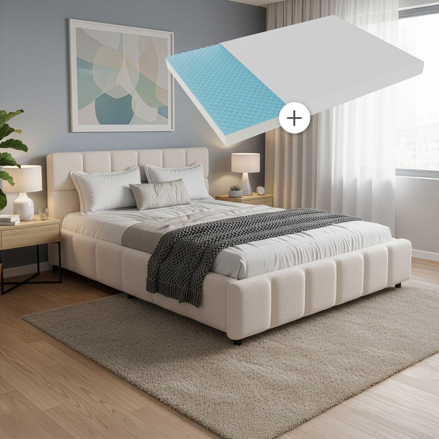 Juskys Polsterbett Florenz mit Matratze - Bubble Design, gepolstertes Kopfteil, Bouclé - 140 x 200 cm - Creme