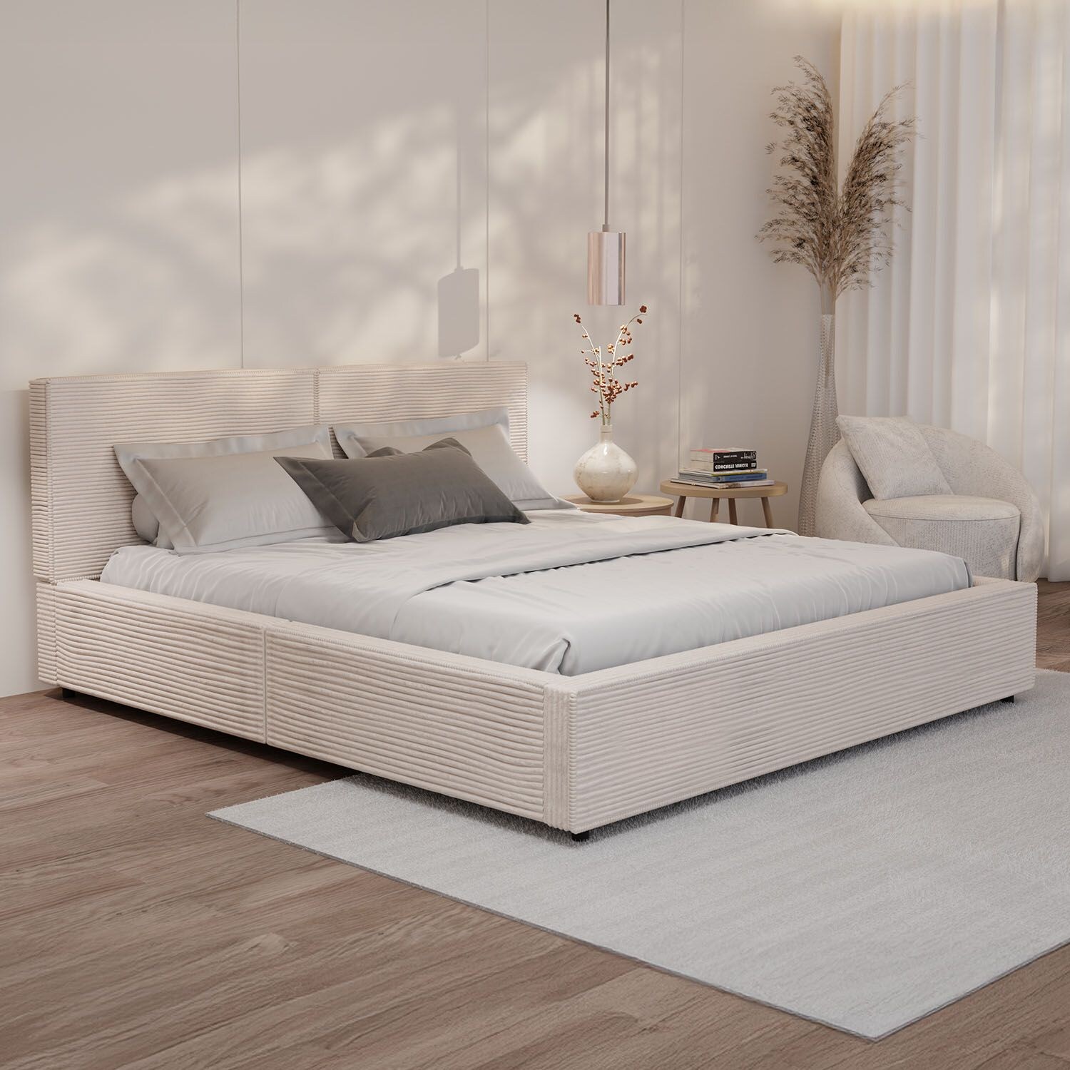 Juskys Polsterbett Salerno – 180 x 200 cm Cord Creme, modernes Design & pflegeleicht | 04262437186382