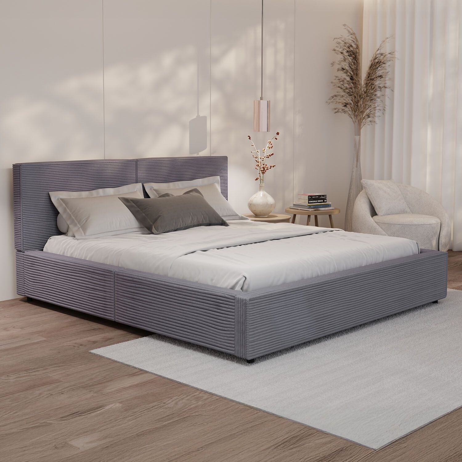 Juskys Polsterbett Salerno – 180 x 200 cm Cord Grau, modernes Design & pflegeleicht