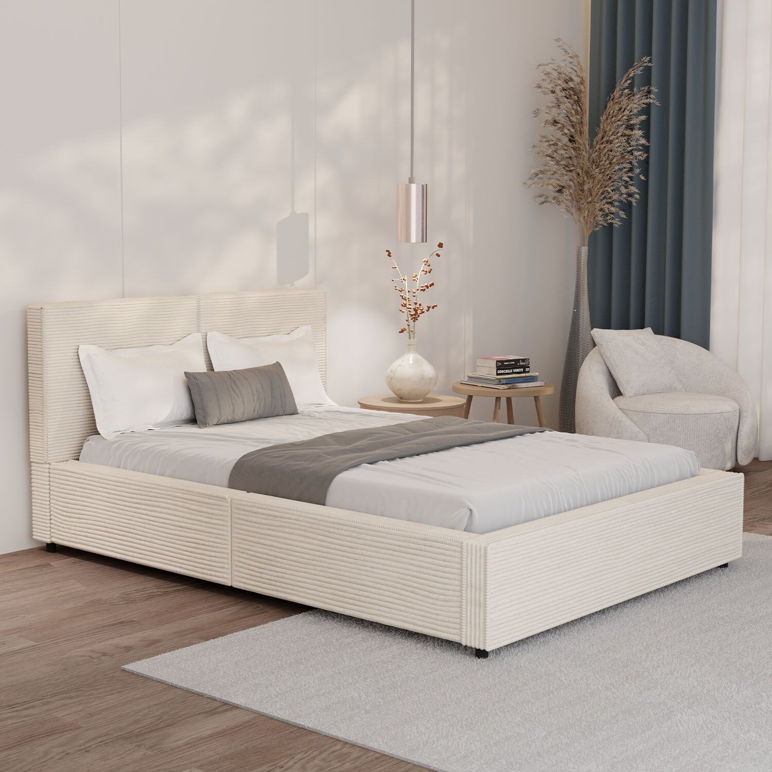 Juskys Polsterbett Salerno – 140 x 200 cm Cord Creme, modernes Design & pflegeleicht