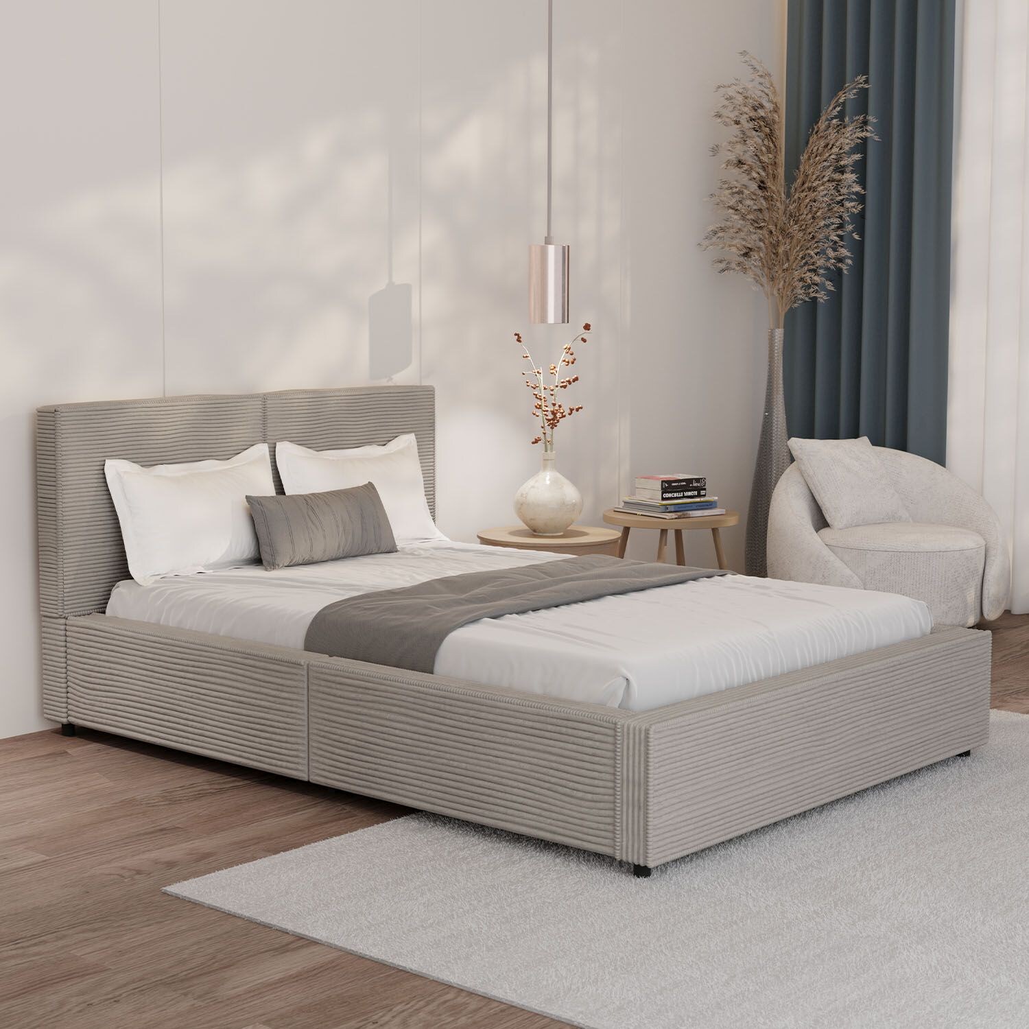 Juskys Polsterbett Salerno – 140 x 200 cm Cord Taupe, modernes Design & pflegeleicht