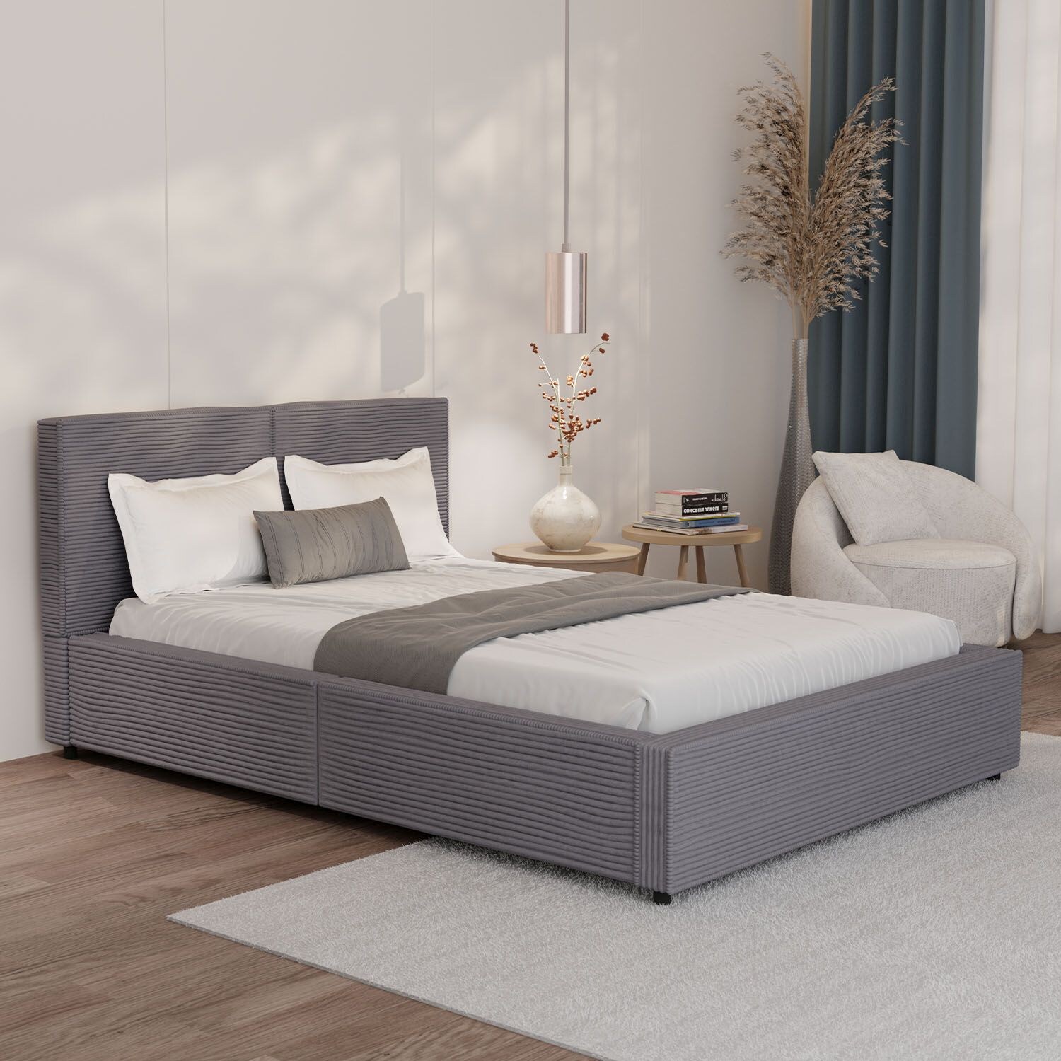 Juskys Polsterbett Salerno – 140 x 200 cm Cord Grau, modernes Design & pflegeleicht