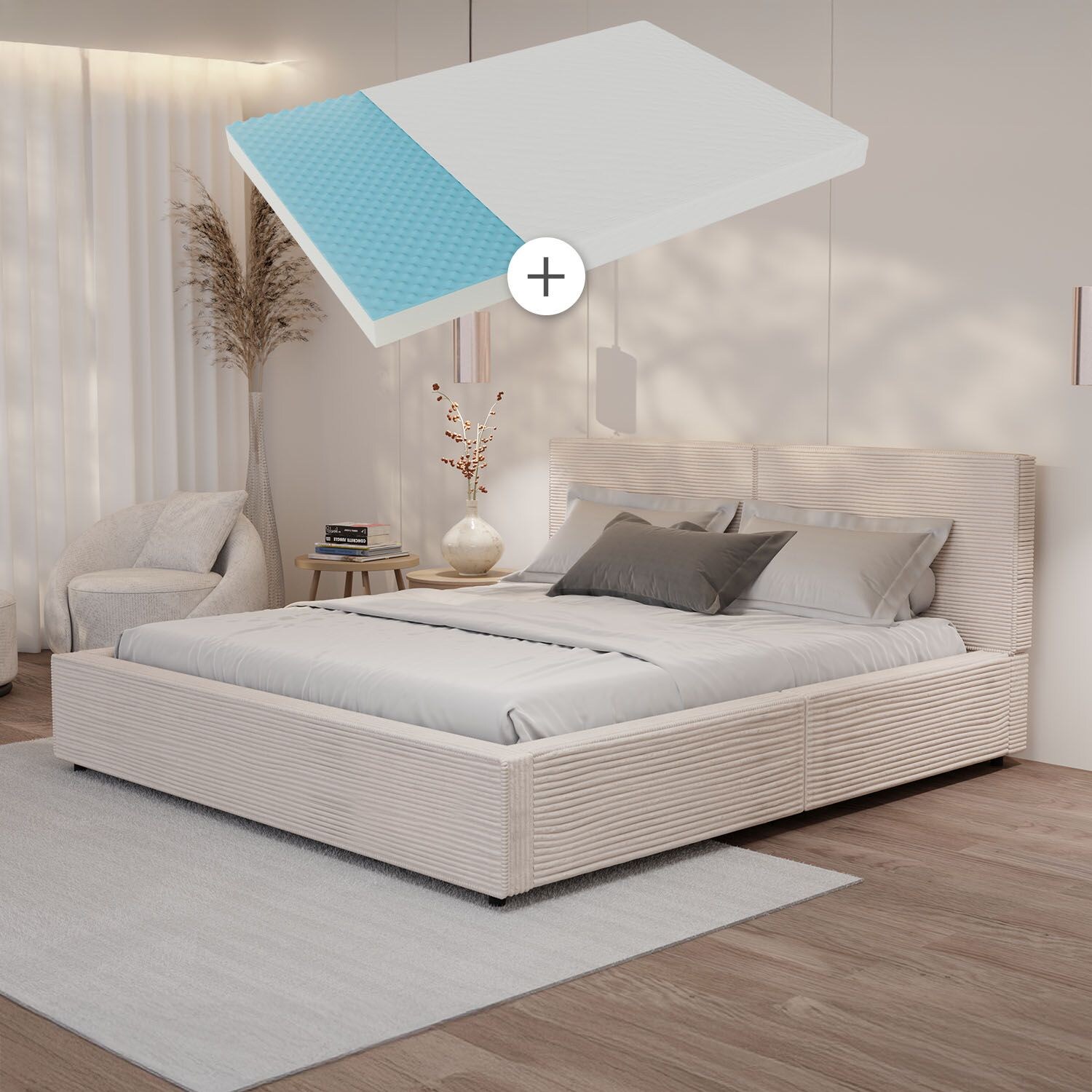 Juskys Polsterbett Salerno mit Matratze – 180 x 200 cm Cord Creme, modernes Design & pflegeleicht | 04262437186443