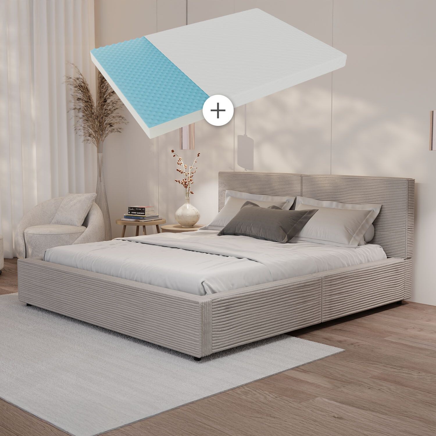 Juskys Polsterbett Salerno mit Matratze – 180 x 200 cm Cord Taupe, modernes Design & pflegeleicht
