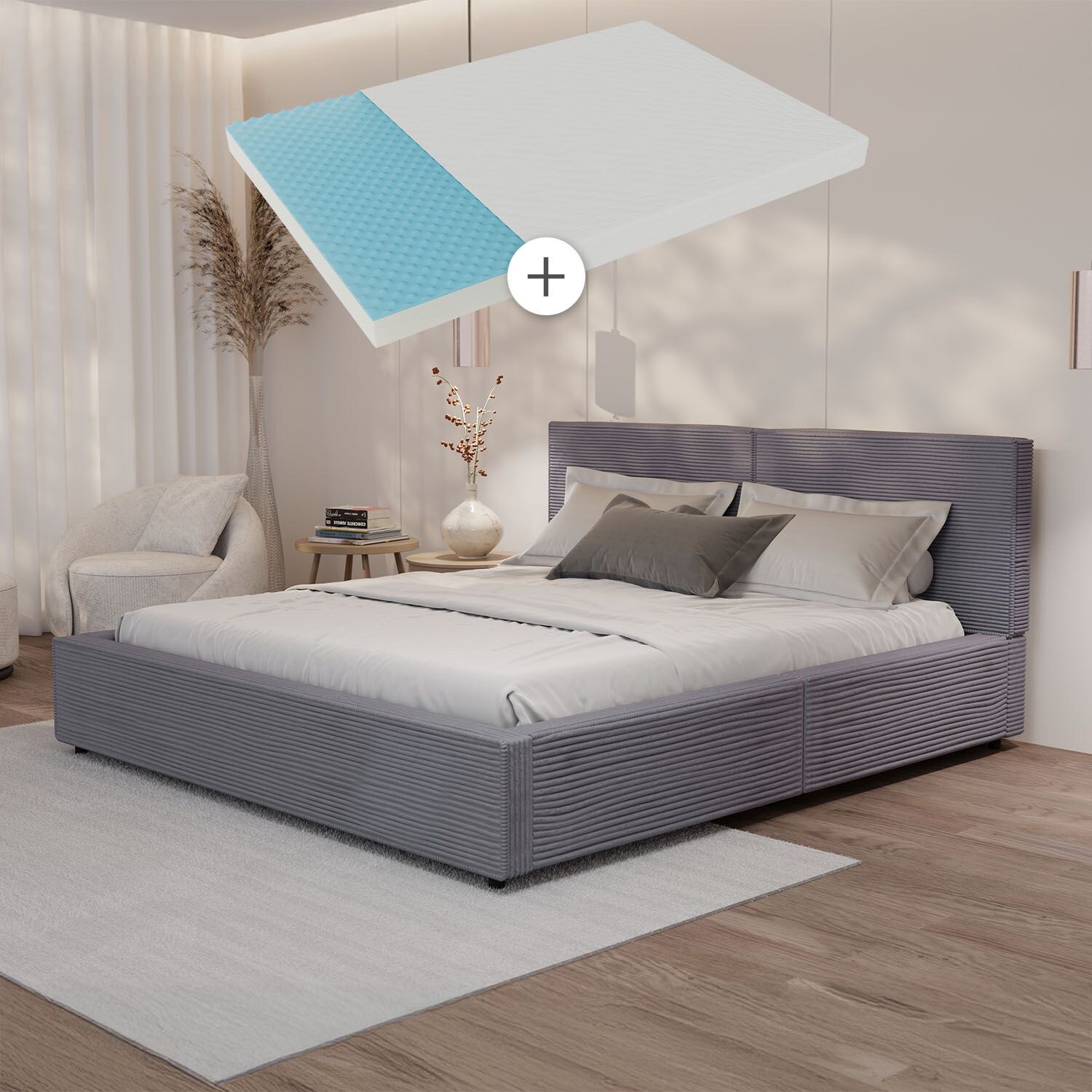 Juskys Polsterbett Salerno mit Matratze – 180 x 200 cm Cord Grau, modernes Design & pflegeleicht