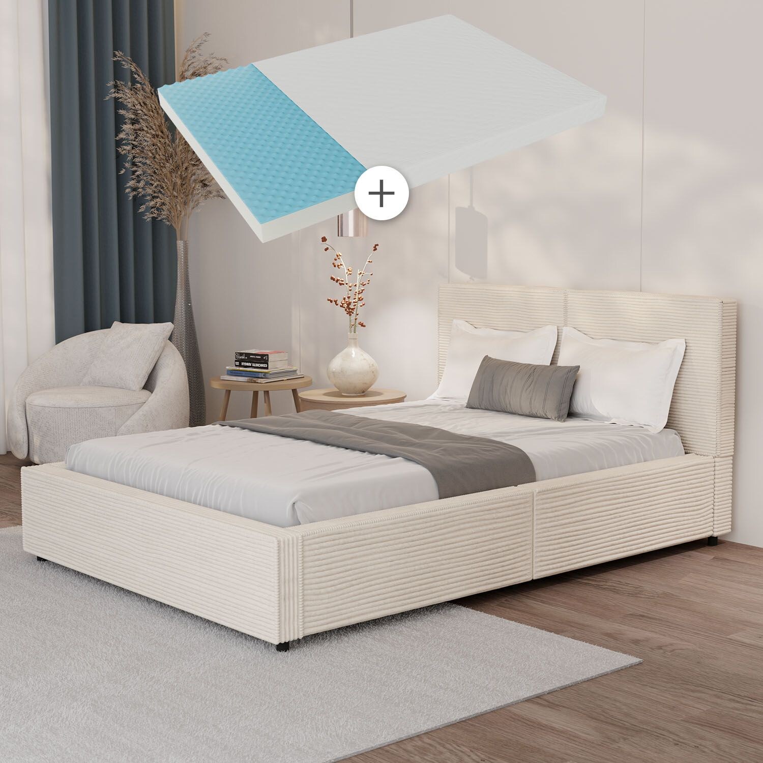 Juskys Polsterbett Salerno mit Matratze – 140 x 200 cm Cord Creme, modernes Design & pflegeleicht