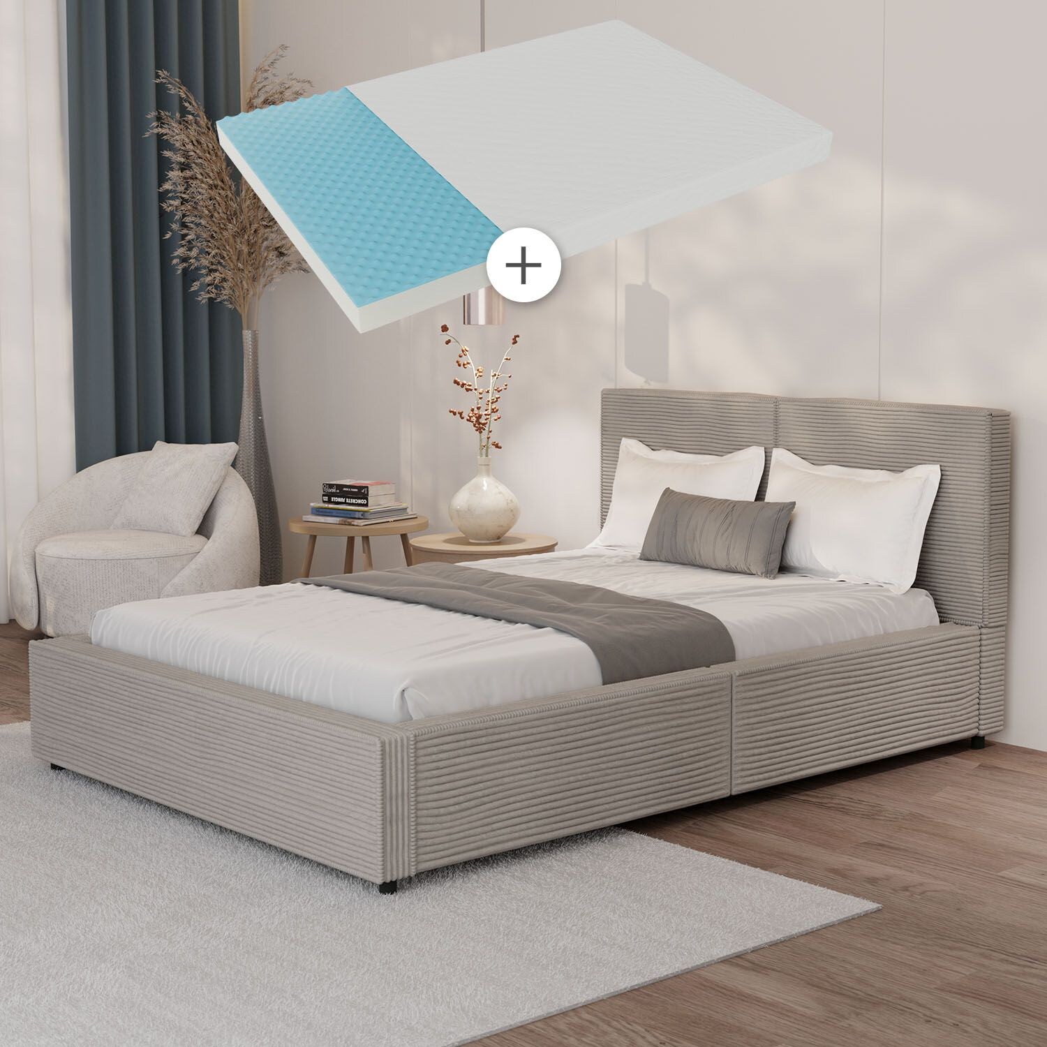 Juskys Polsterbett Salerno mit Matratze – 140 x 200 cm Cord Taupe, modernes Design & pflegeleicht
