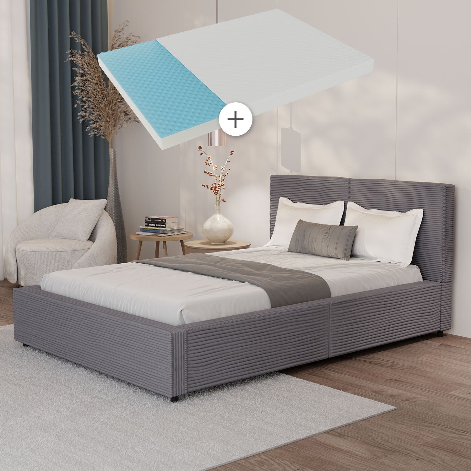 Juskys Polsterbett Salerno mit Matratze – 140 x 200 cm Cord Grau, modernes Design & pflegeleicht