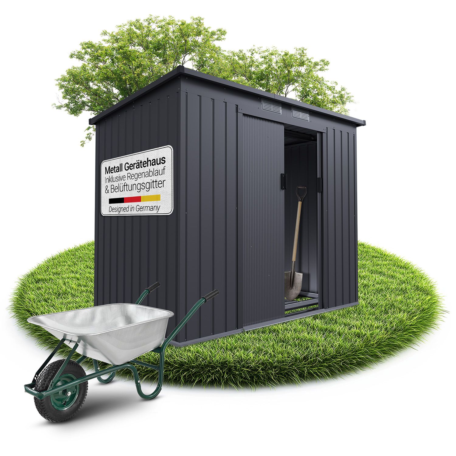 Juskys Metall Ger&auml;teschuppen M &ndash; Dunkelgrau, wetterfest mit Fundamentrahmen, Schiebet&uuml;r & abschlie&szlig;bar - f&uuml;r Garten & Aufbewahrung - Bild 1