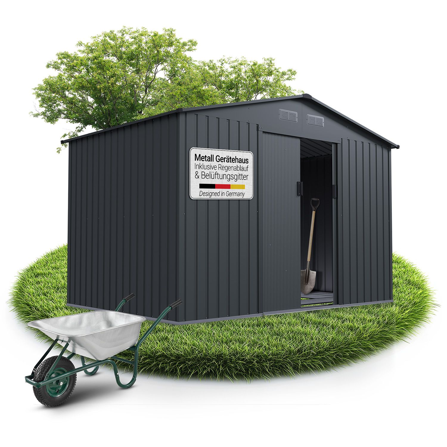 Juskys Metall Ger&auml;teschuppen XL &ndash; Dunkelgrau, wetterfest mit Fundamentrahmen, Schiebet&uuml;r & abschlie&szlig;bar - f&uuml;r Garten & Aufbewahrung - Bild 1