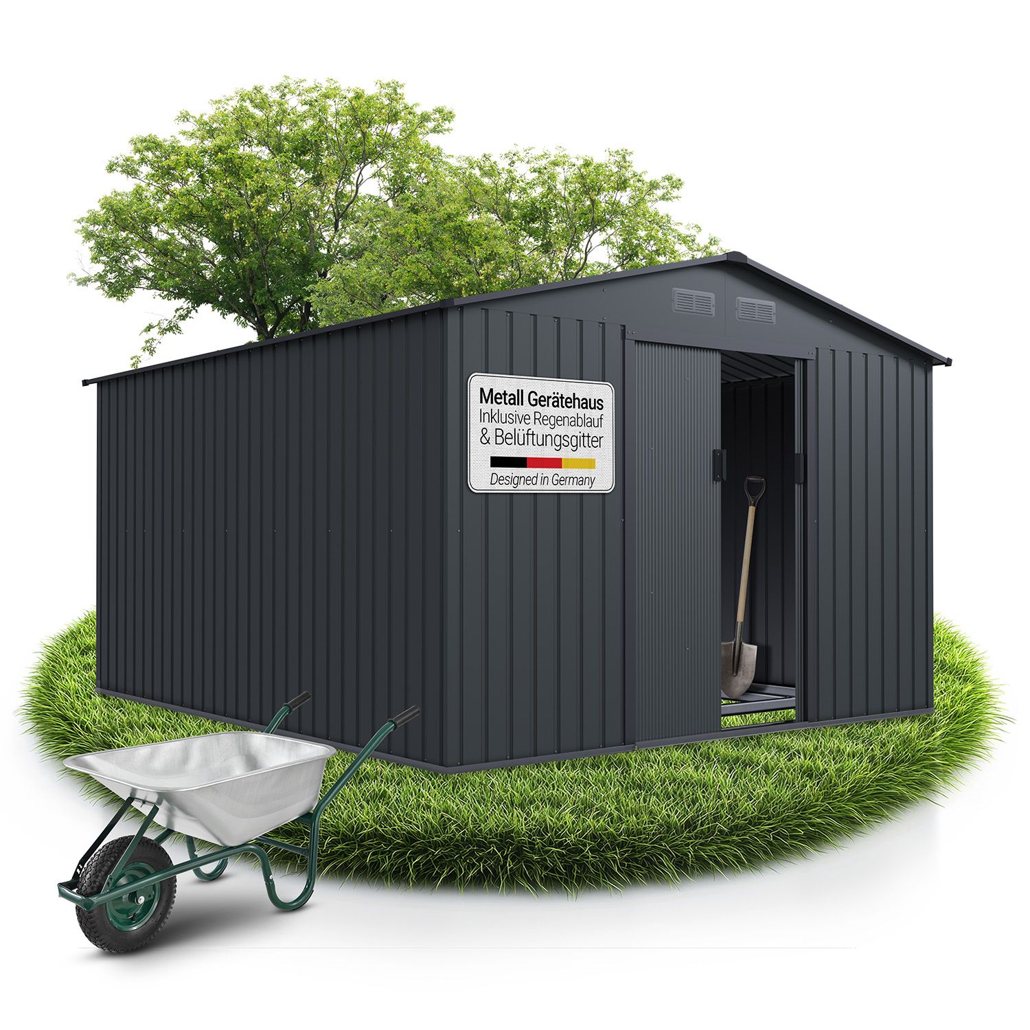 Juskys Metall Ger&auml;teschuppen XXL &ndash; Dunkelgrau, wetterfest mit Fundamentrahmen, Schiebet&uuml;r & abschlie&szlig;bar - f&uuml;r Garten & Aufbewahrung - Bild 1