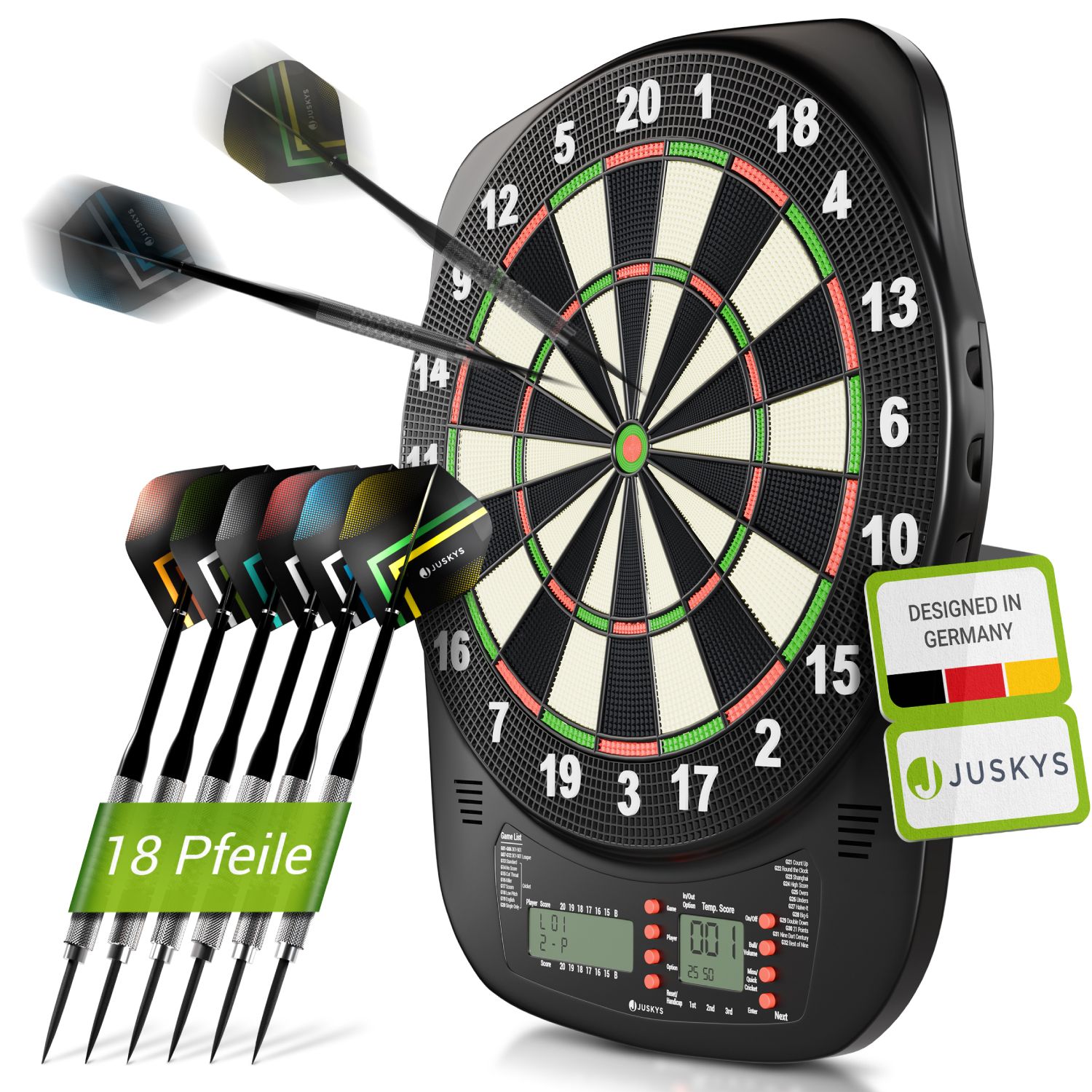 Juskys Elektronische Dartscheibe mit 32 Spielen f&uuml;r bis zu 8 Spieler, LCD-Display & 18 Darts - Bild 1
