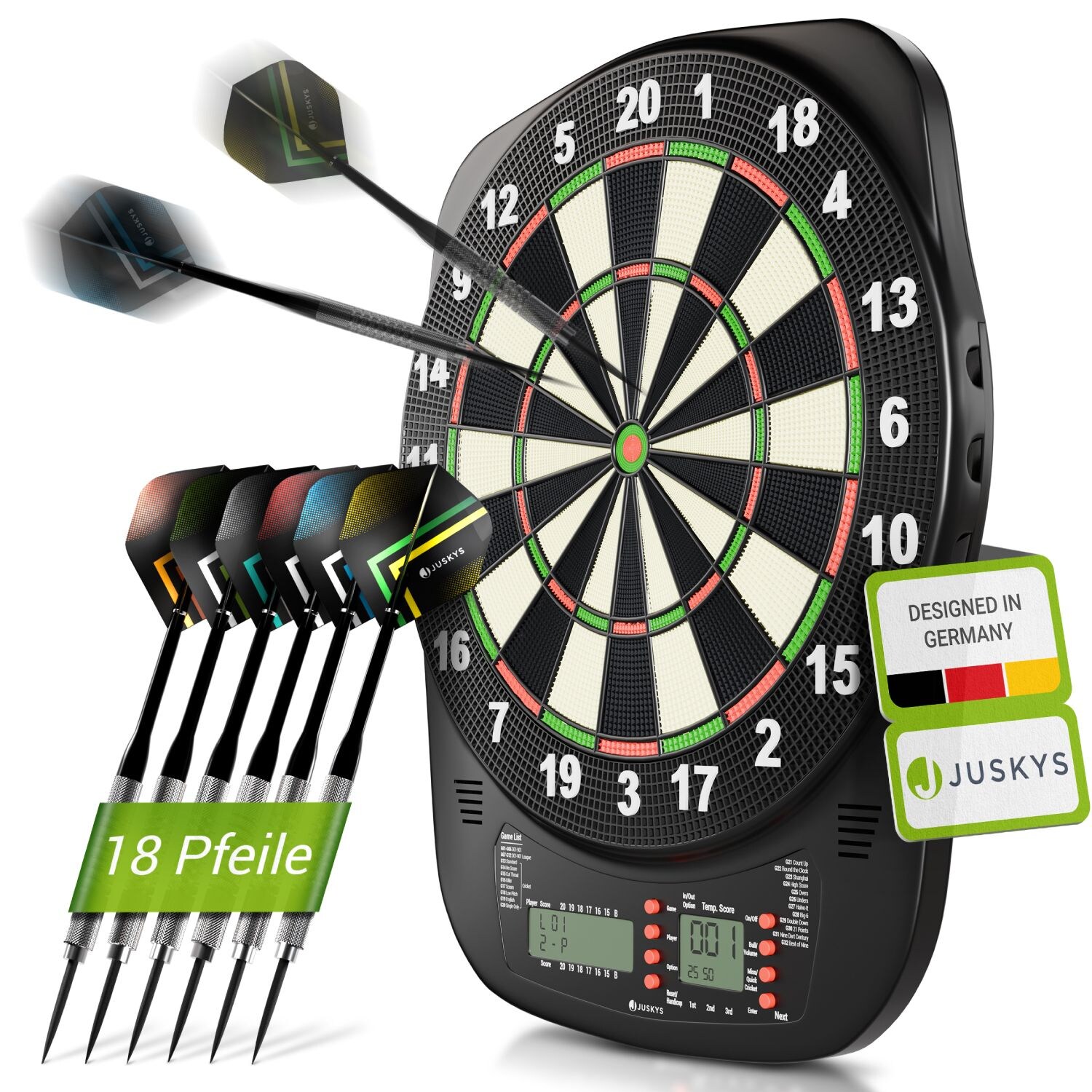 Juskys Elektronische Dartscheibe mit 32 Spielen für bis zu 8 Spieler, LCD-Display & 18 Darts