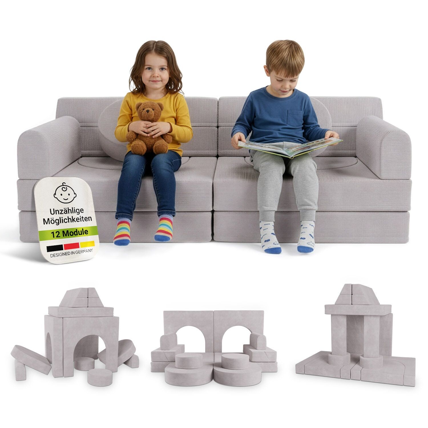 Juskys Kinder Spielsofa Kayo - Beige, baubare Stapelsteine für Kinder, pflegeleichte Kindercouch aus Cord