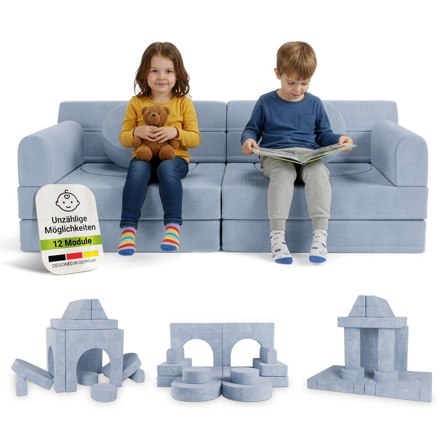 Juskys Kinder Spielsofa Kayo - Hellblau, baubare Stapelsteine für Kinder, pflegeleichte Kindercouch aus Cord