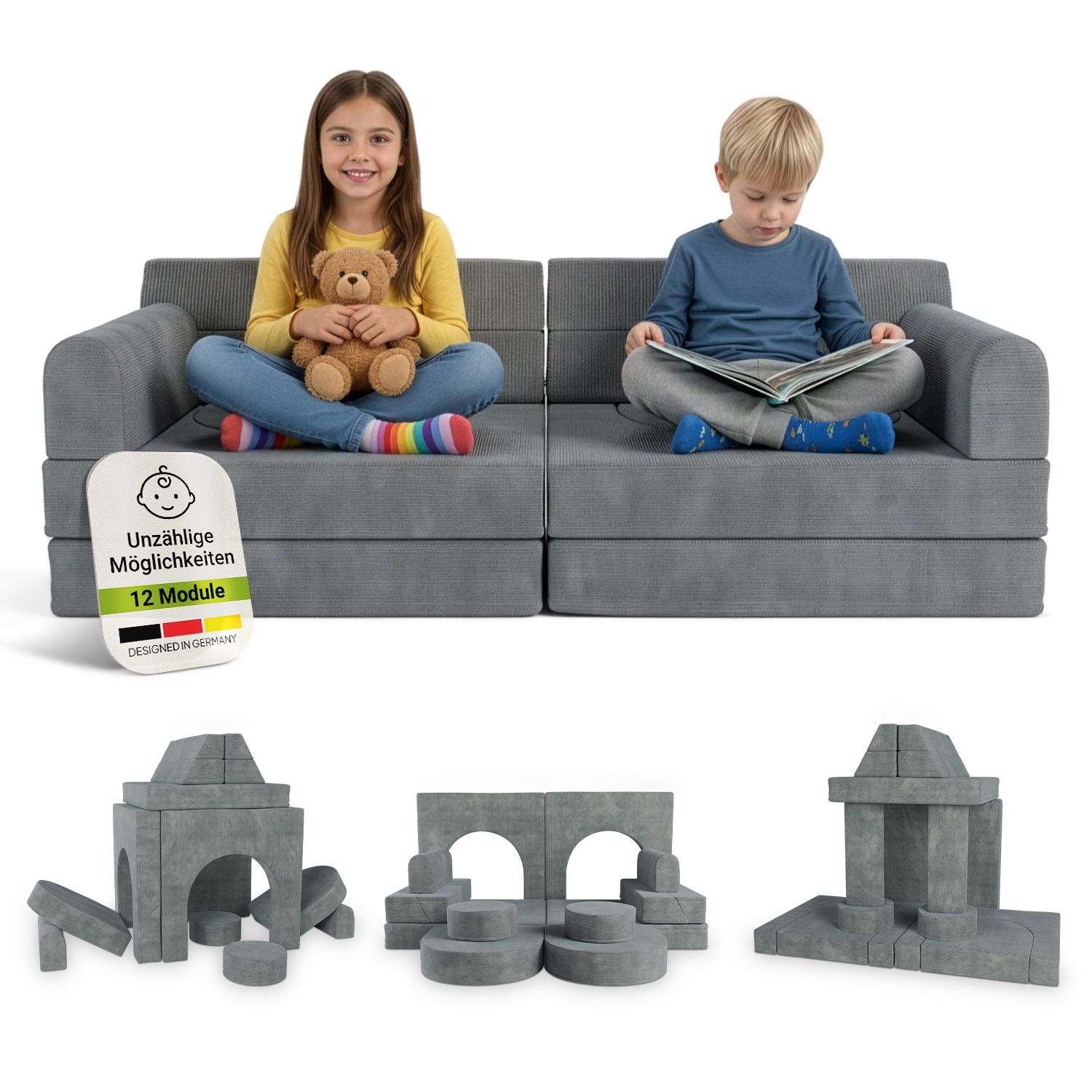 Juskys Kinder Spielsofa Kayo - Hellgr&uuml;n, baubare Stapelsteine f&uuml;r Kinder, pflegeleichte Kindercouch aus Cord - Bild 1