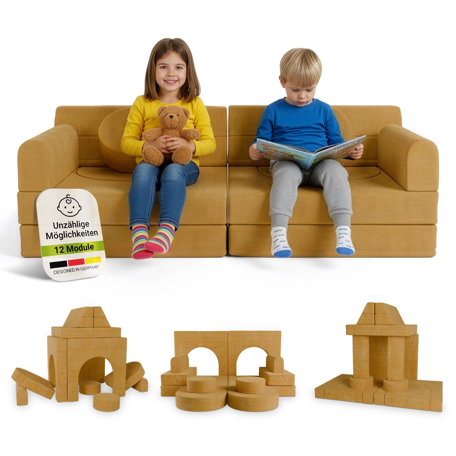 Juskys Kinder Spielsofa Kayo - Gelb, baubare Stapelsteine für Kinder, pflegeleichte Kindercouch aus Cord