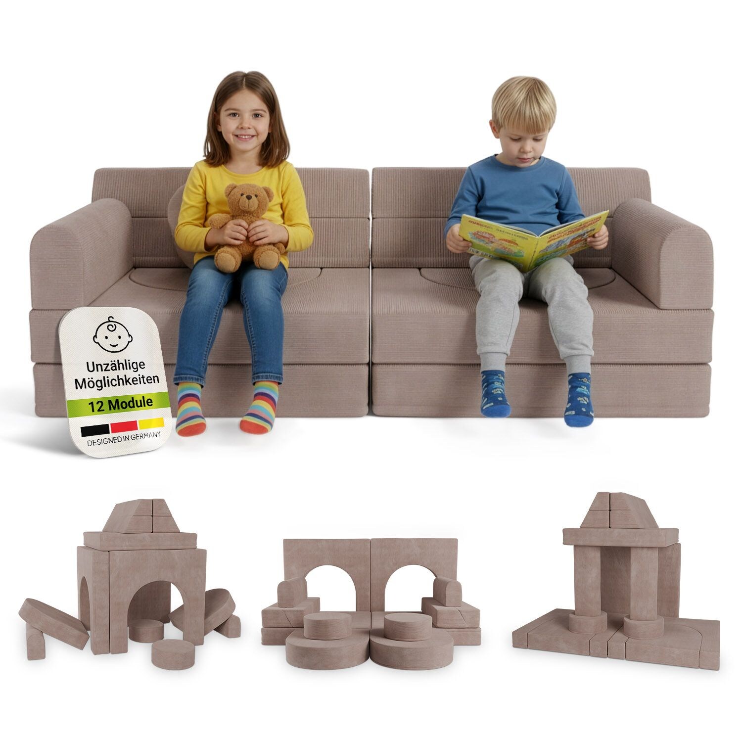Juskys Kinder Spielsofa Kayo - Rosa, baubare Stapelsteine f&uuml;r Kinder, pflegeleichte Kindercouch aus Cord - Bild 1