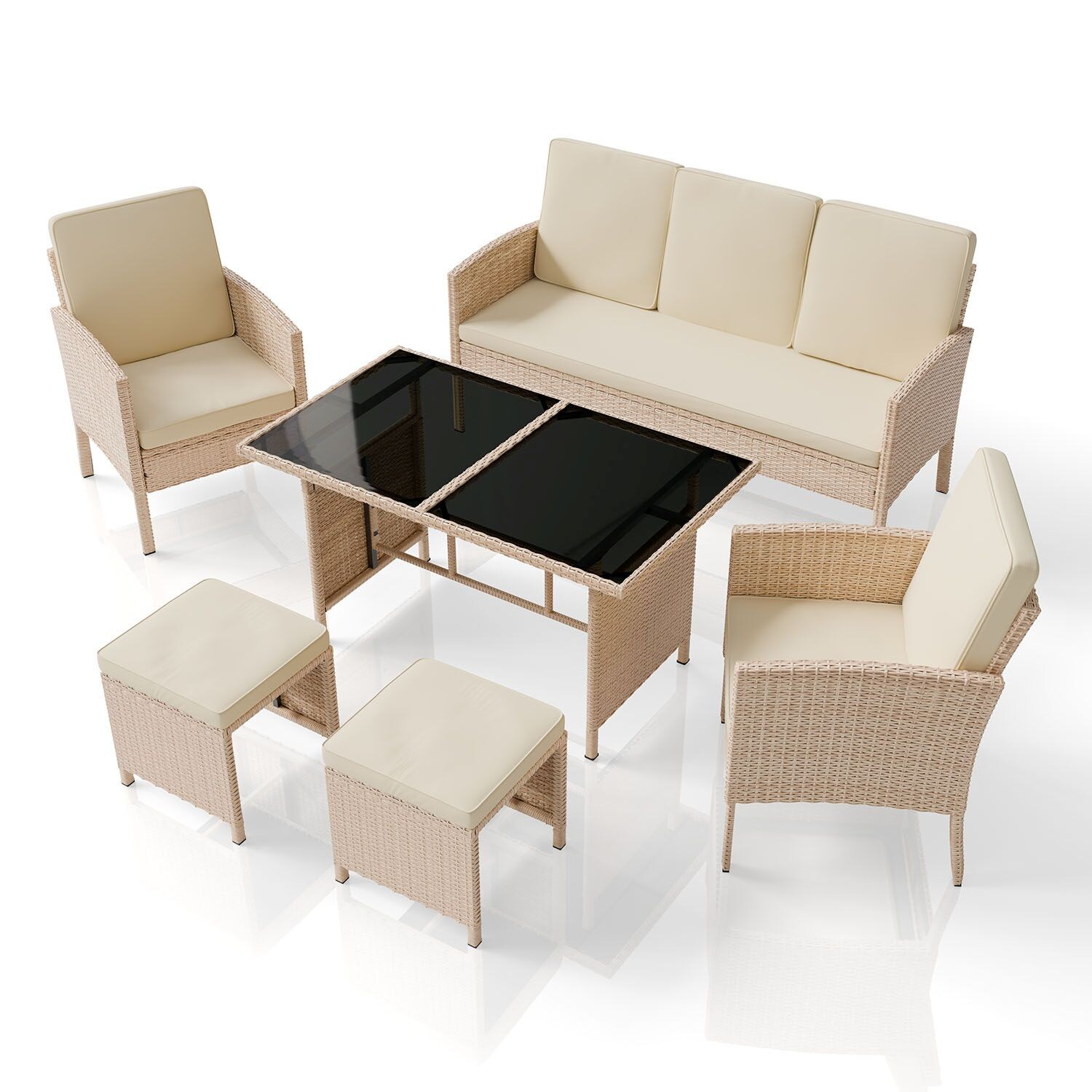 Juskys Polyrattan Gartenmöbel Sitzgruppe Turin Set 6 teilig - Outdoor Möbel mit Tisch – Lounge Creme