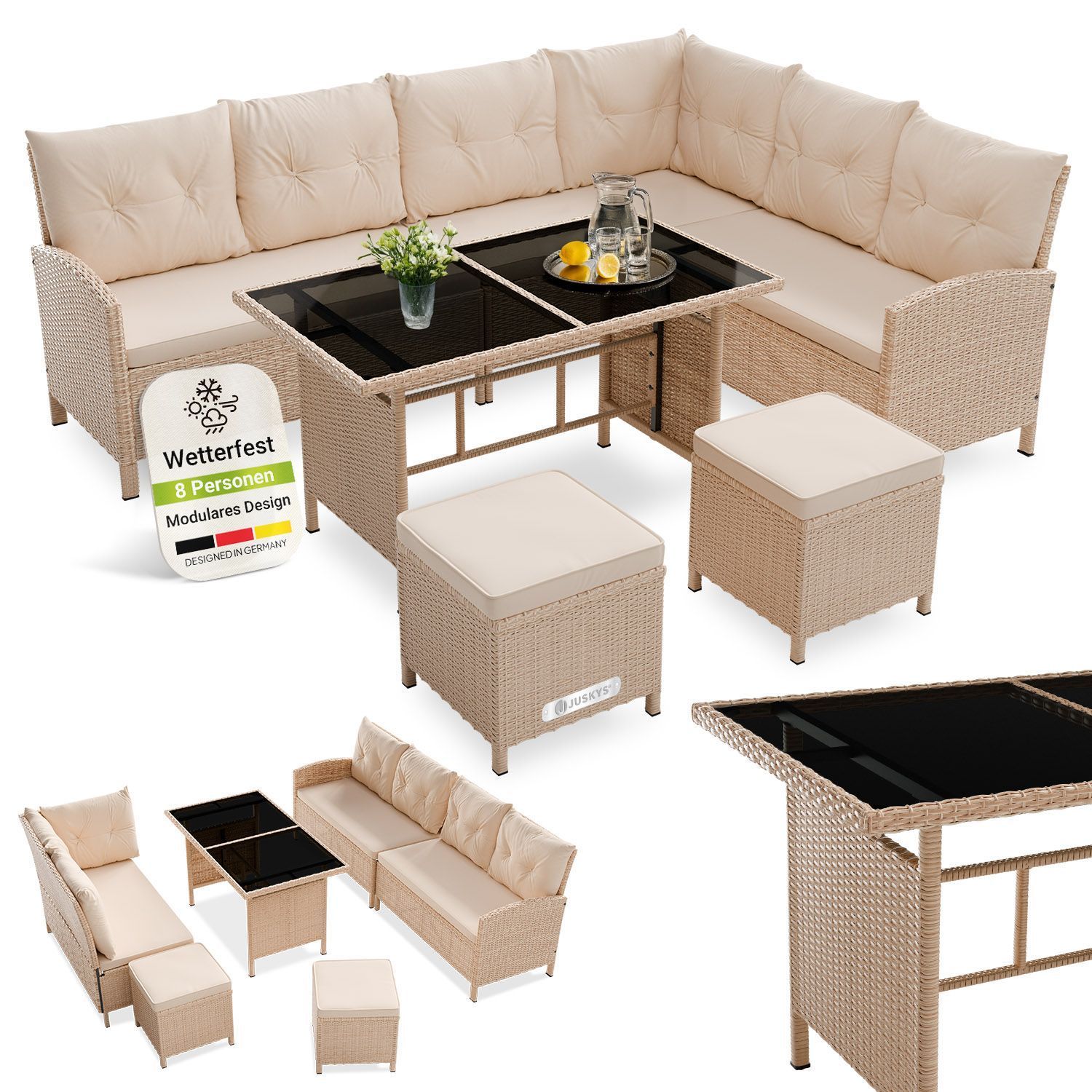 Juskys Gartenlounge Manacor creme - Sofa, Tisch, Hocker & Kissen - 8 Personen - Sitzbez&uuml;ge in Sand - Bild 1