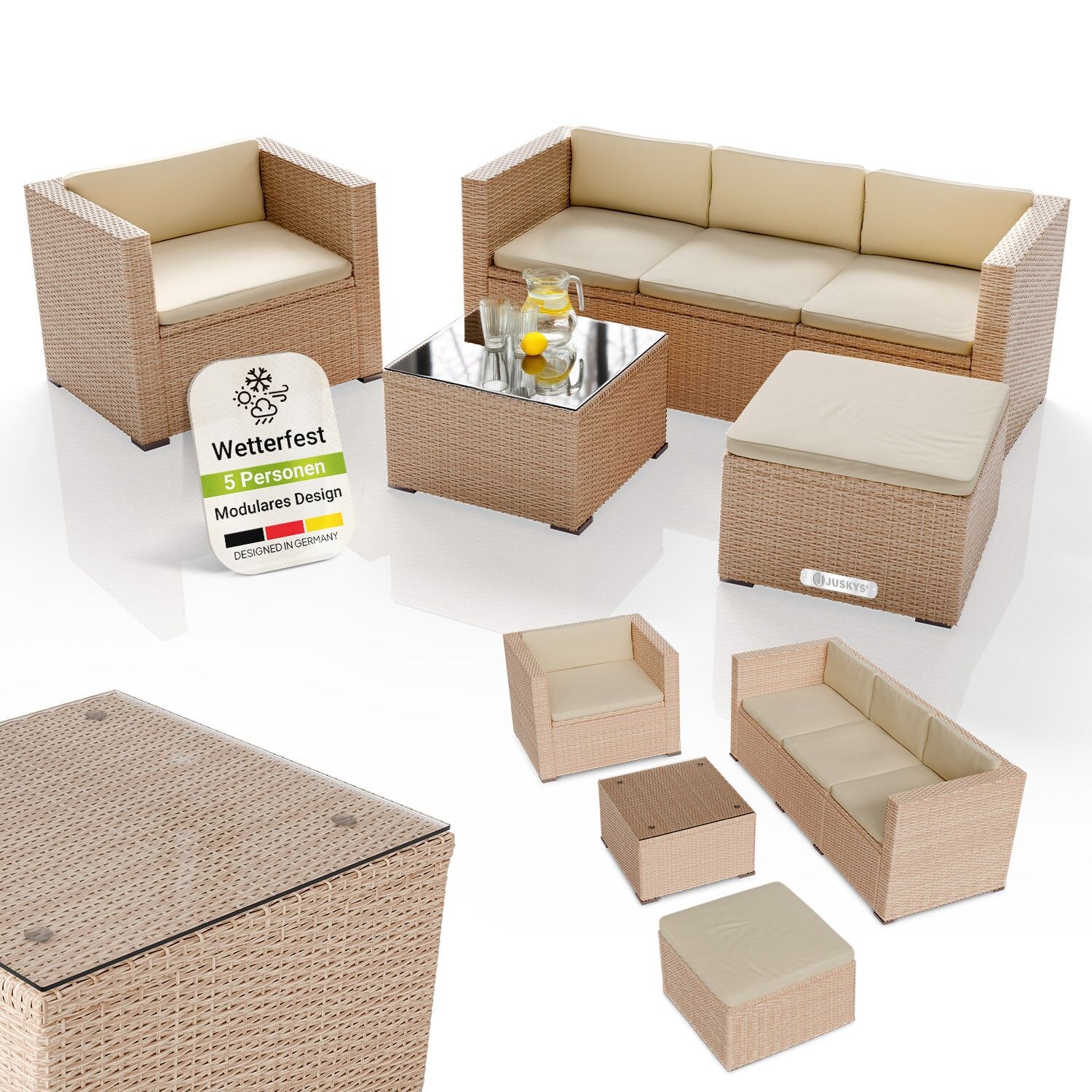 Polyrattan Lounge Punta Cana L creme, 4-5 Personen – Sessel, Sofa, Tisch & Hocker