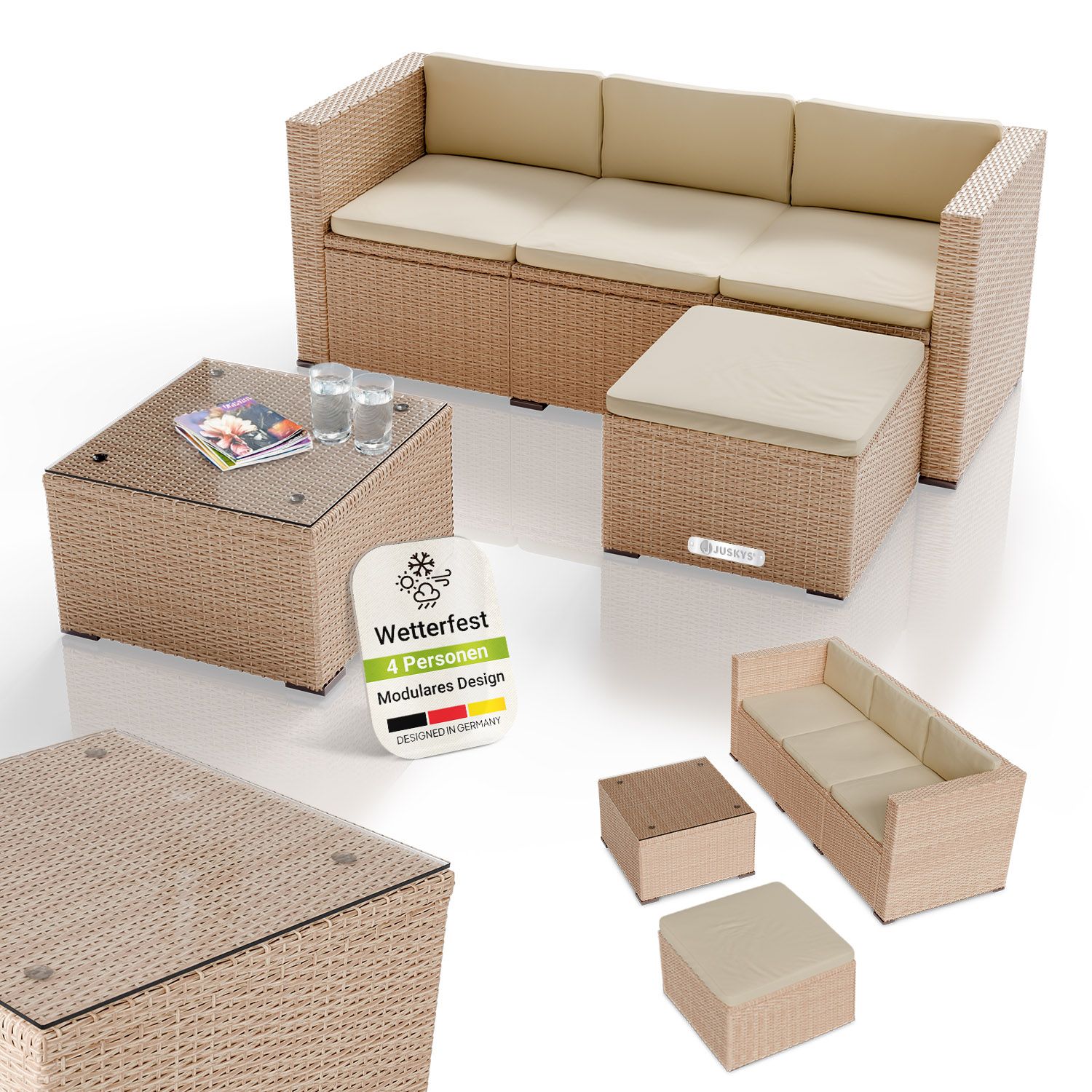 Juskys Polyrattan Lounge Punta Cana M creme, 3-4 Personen &ndash; Sofa, Tisch & Hocker - Bild 1