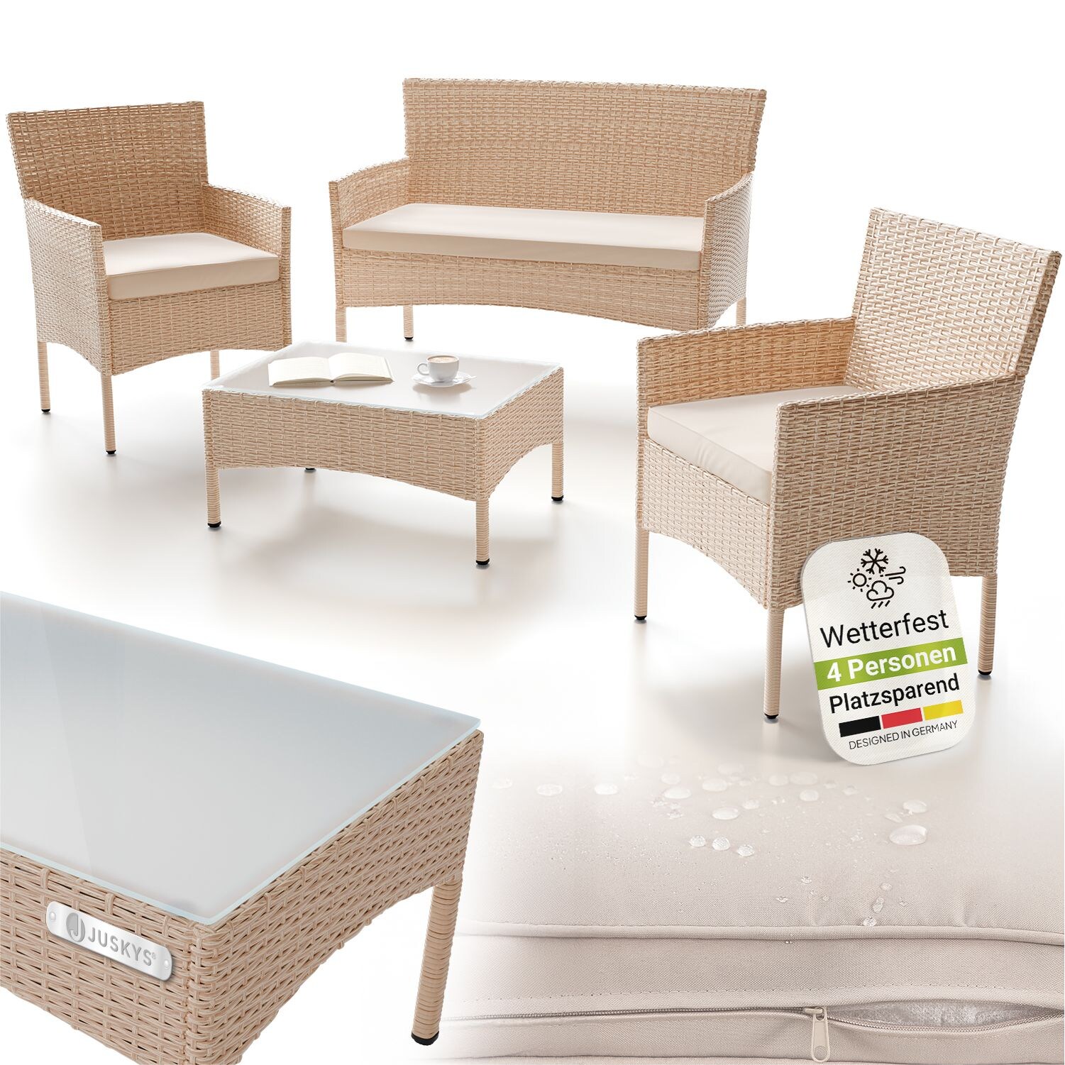 Juskys Polyrattan Gartenmöbel-Set Fort Myers creme mit Tisch, Sofa, 2 Stühle & Auflagen in sand
