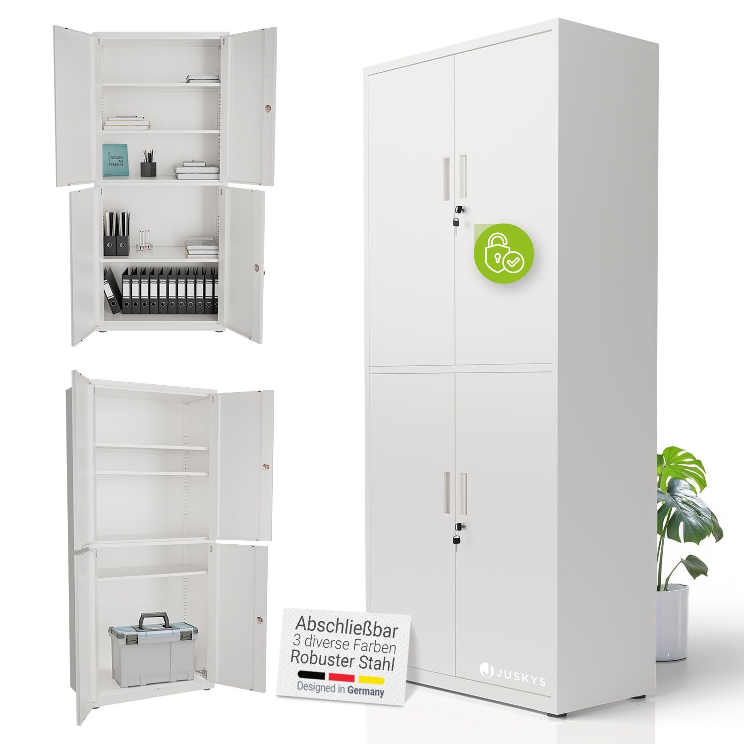 Juskys Aktenschrank aus Metall &ndash; 180x80x40 cm, 2 T&uuml;ren, abschlie&szlig;bar & h&ouml;henverstellbar - Wei&szlig; - Bild 1