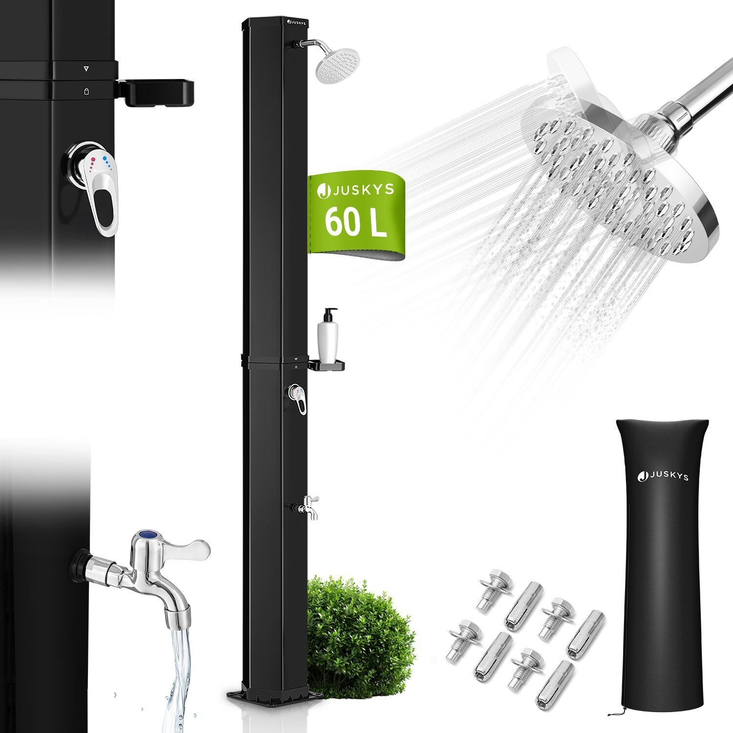 Juskys Solardusche Victoria 60 L – Gartendusche mit Regendusche – Schwarz | 04262437186702