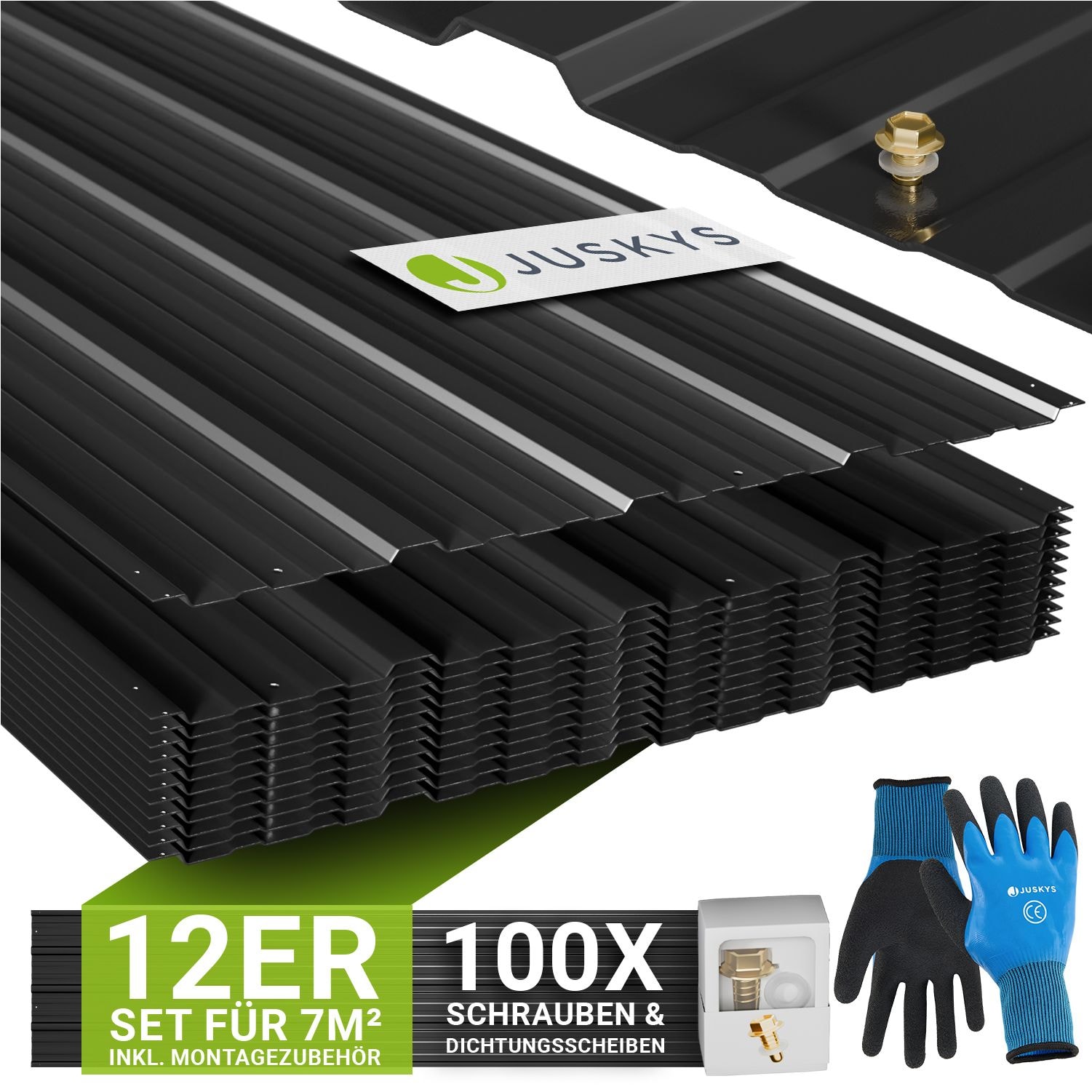 JUSKYS&reg; Profilblech Anthrazit - 12er Set, 129x45 cm, 0,23 mm, verzinkter Stahl, UV-best&auml;ndig, hohe Tragf&auml;higkeit, mit vorgebohrten L&ouml;chern - Bild 1