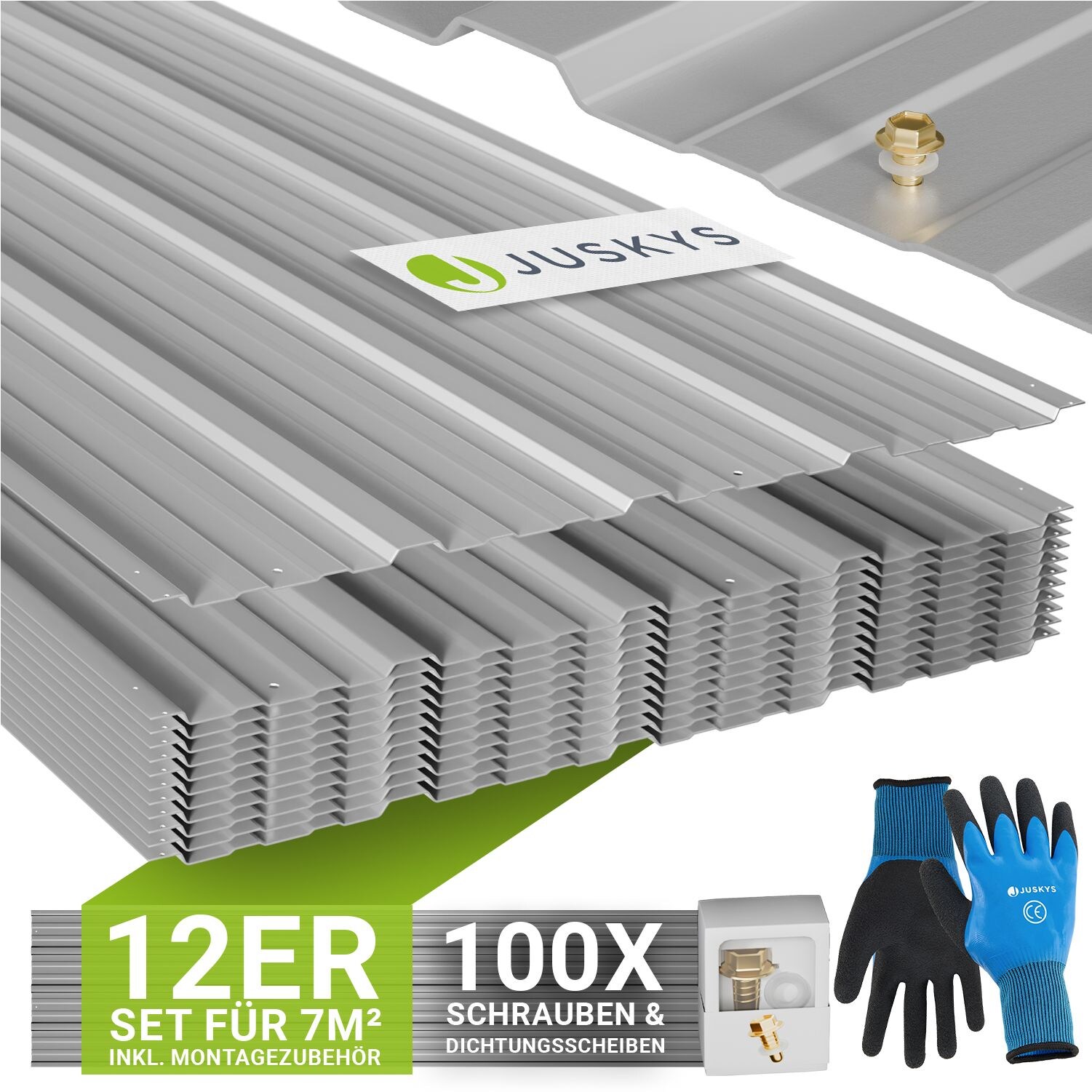 JUSKYS® Profilblech Grau - 12er Set, 129x45 cm, 0,23 mm, verzinkter Stahl, UV-beständig, hohe Tragfähigkeit, mit vorgebohrten Löchern