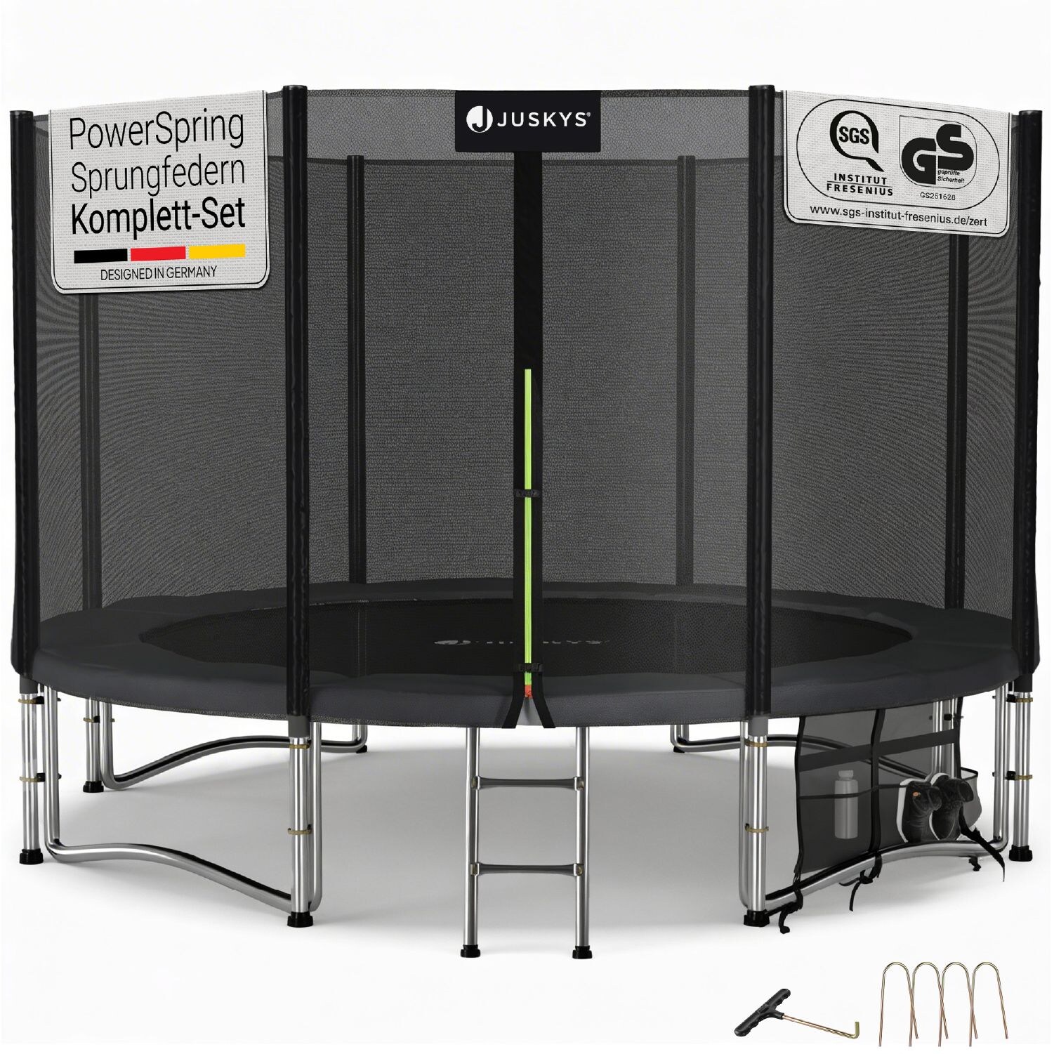 Juskys Trampolin JumpMaster XL Ø 366 cm – Gartentrampolin mit Netz, Leiter & Bodenankern