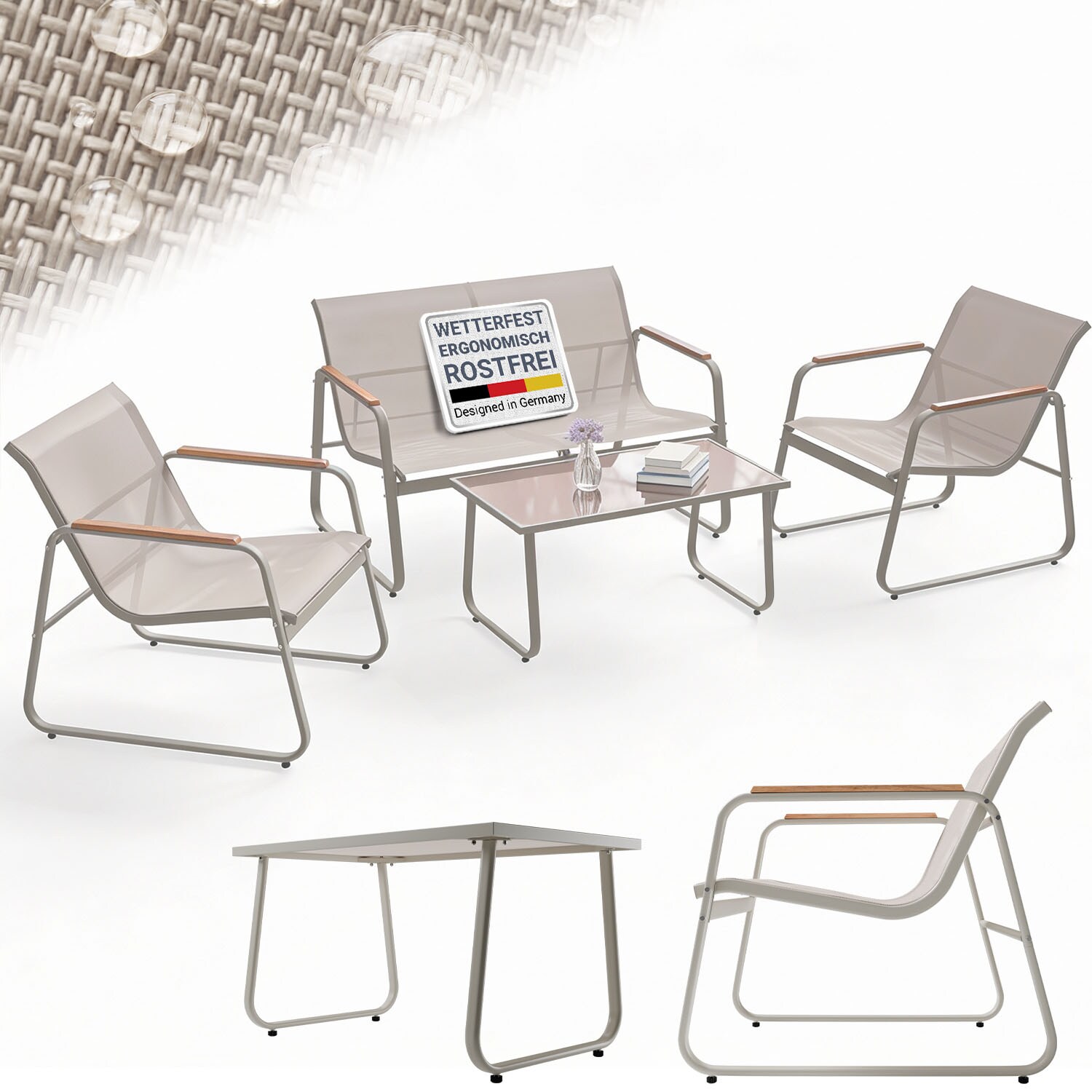 Juskys Gartenmöbelset Genua 4-tlg. – Outdoor Sitzgruppe in Sand – aus Metall mit Armlehnen | 04262437186788