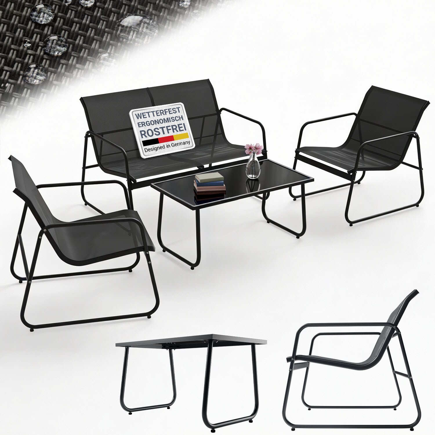 Juskys Gartenmöbelset Genua 4-tlg. – Outdoor Sitzgruppe für Balkon & Garten in Anthrazit - aus Metall