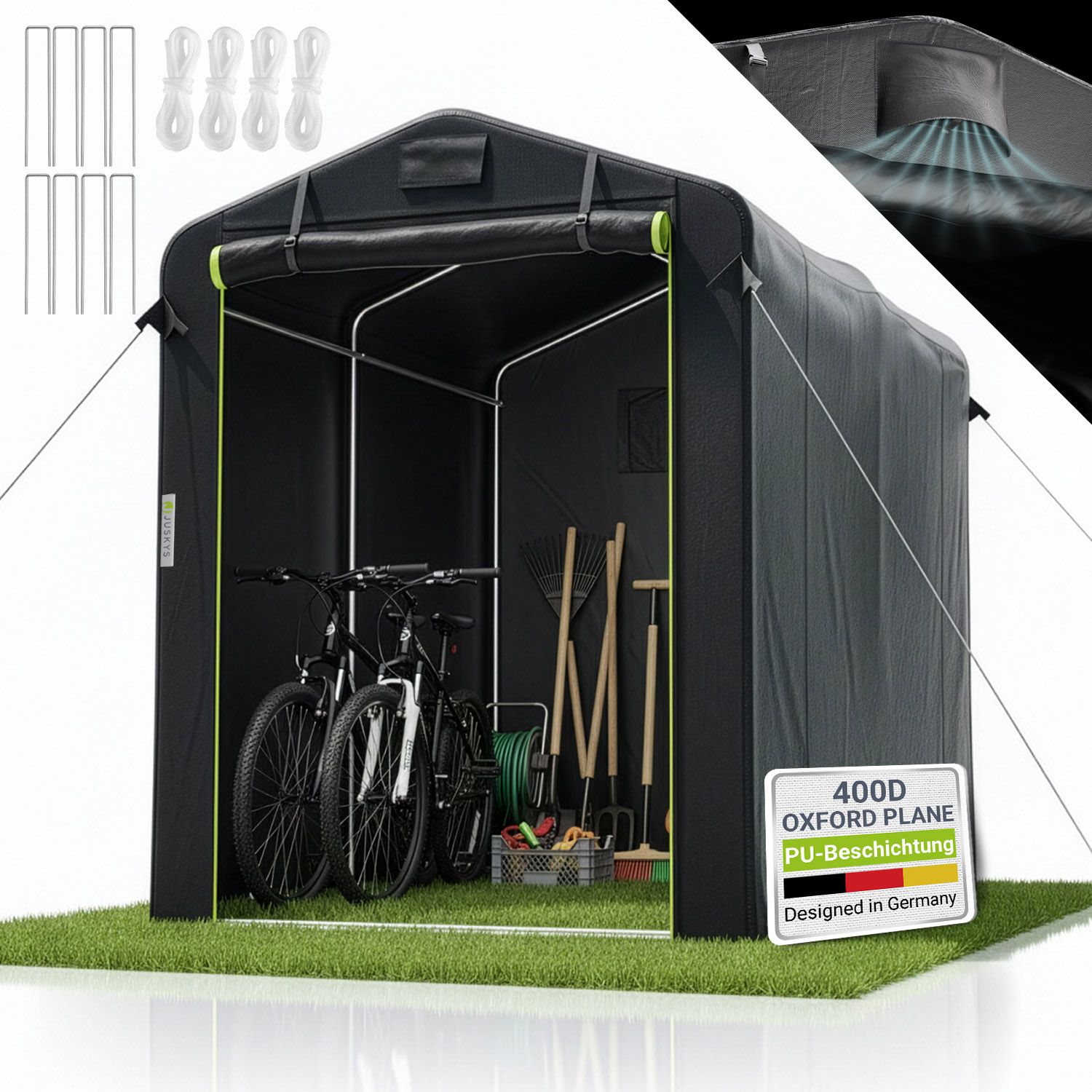 Juskys&reg; Ger&auml;tezelt S - 3,6 m&sup3; Outdoor Unterstand mit Fenster & T&uuml;r, 180x120x165 cm, wasserfeste Plane & Metallrahmenkonstruktion, Schutz im Au&szlig;enbereich - Bild 1