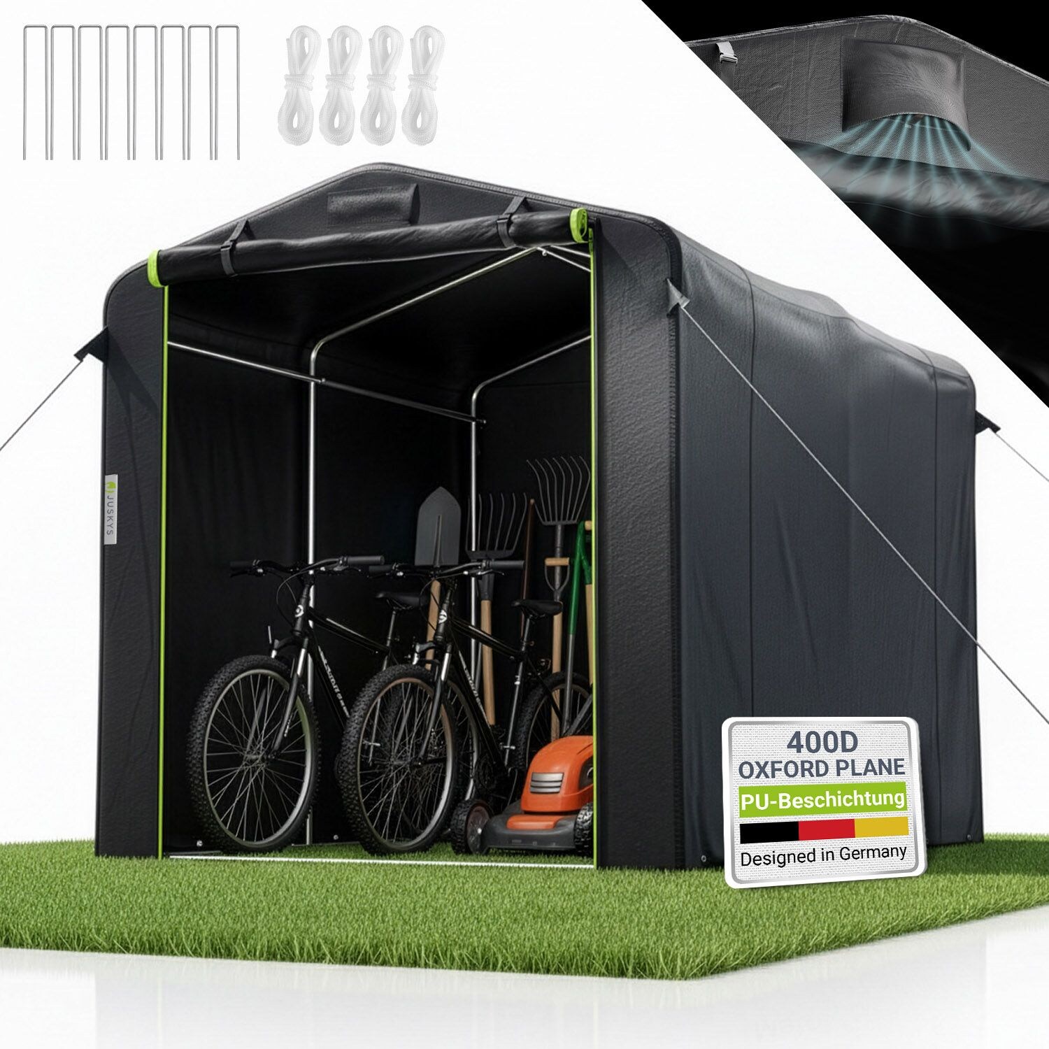 Juskys® Gerätezelt M - 6,2 m³ Outdoor Unterstand mit Fenster & Tür, 220x160x175 cm, wasserfeste Plane & Metallrahmenkonstruktion, Schutz im Außenbereich