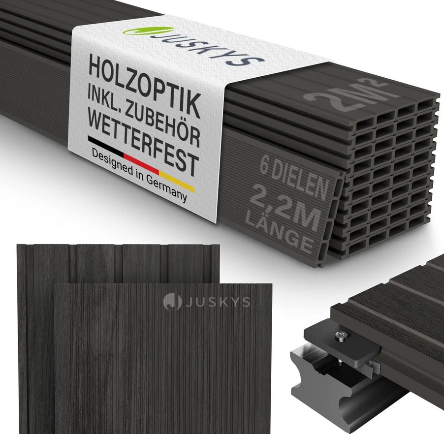 Juskys WPC Terrassendielen 2 m&sup2; &ndash; 220 cm Dielen, wetterfest inkl. Unterkonstruktion &ndash; Grau - Bild 1