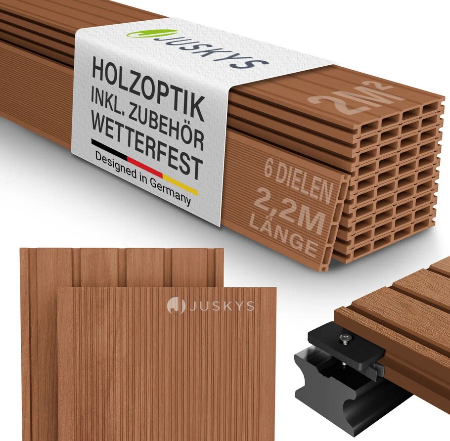 Juskys WPC Terrassendielen 2 m² – 220 cm Dielen, wetterfest inkl. Unterkonstruktion – Teak | 04262437186924