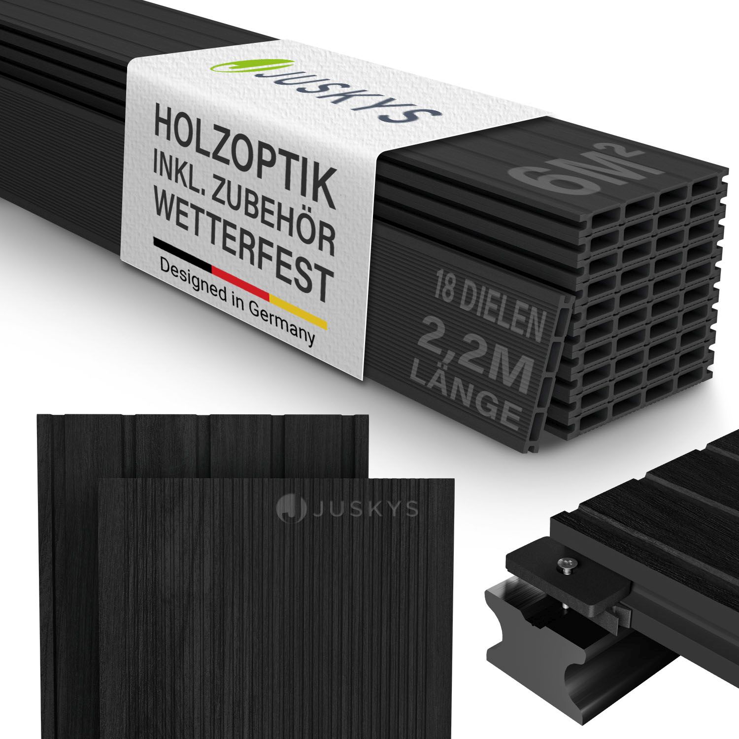 Juskys WPC Terrassendielen 6 m&sup2; &ndash; 220 cm Dielen, wetterfest inkl. Unterkonstruktion &ndash; Anthrazit - Bild 1