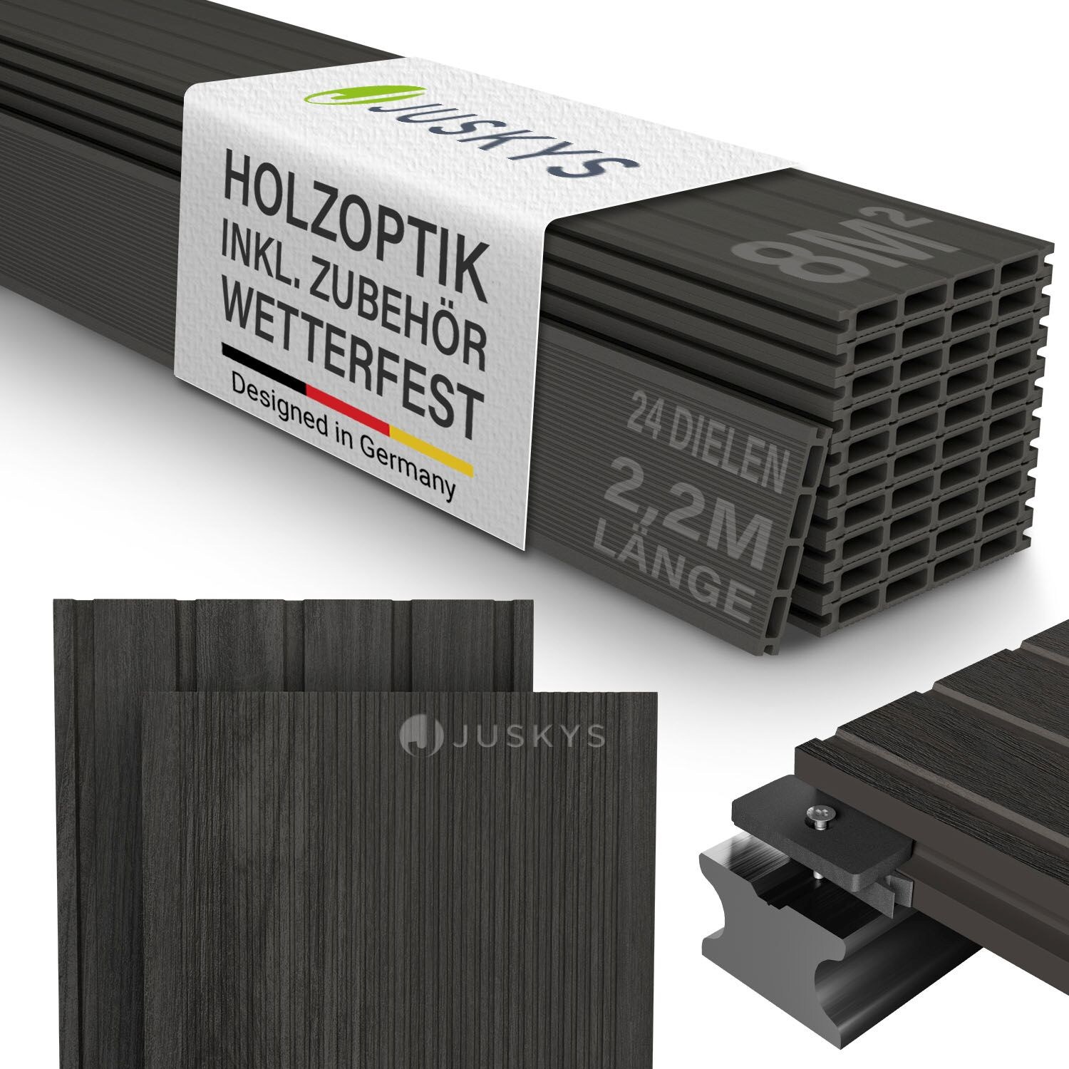 Juskys WPC Terrassendielen 8 m² – 220 cm Dielen, wetterfest inkl. Unterkonstruktion – Grau